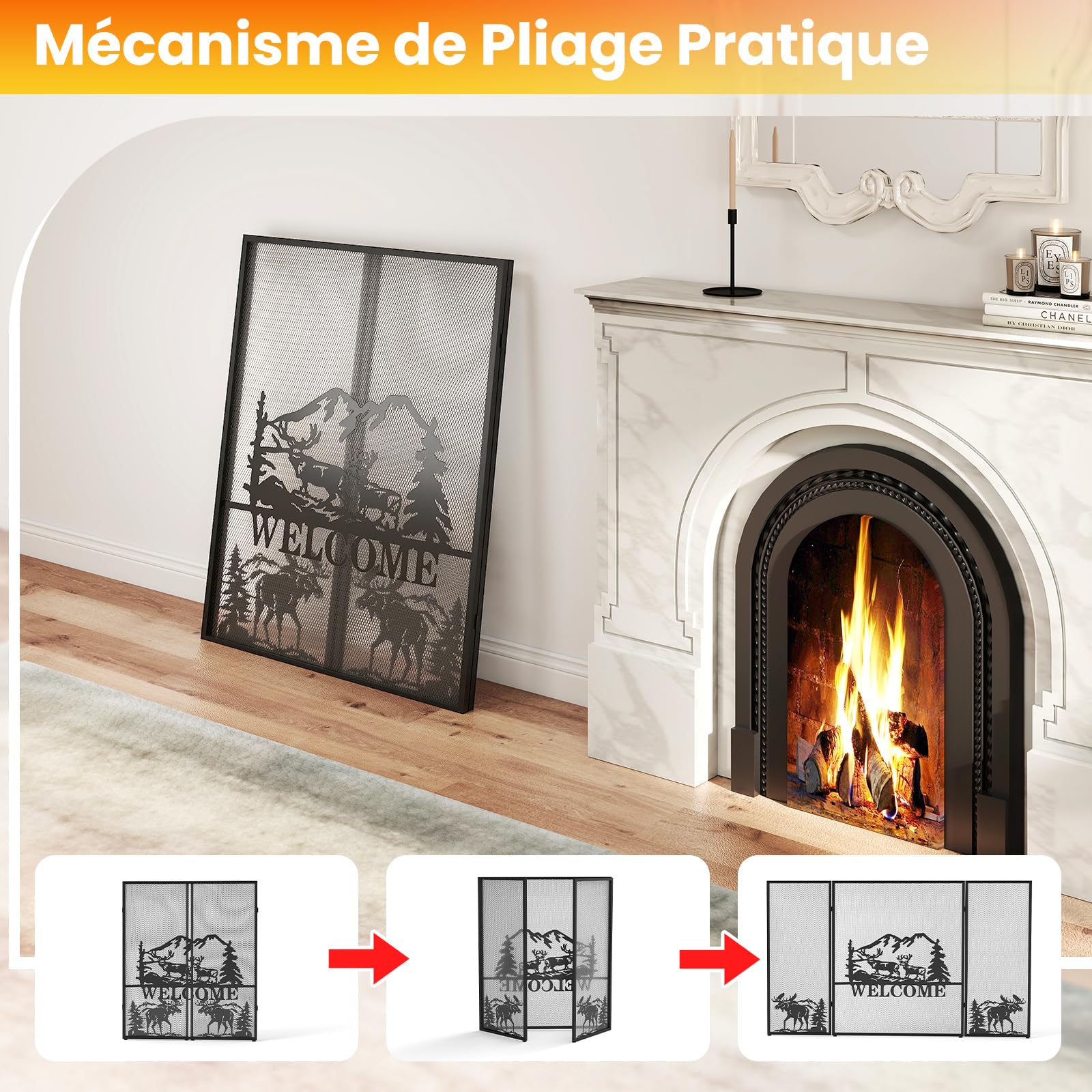 GOPLUS Pare Feu Cheminée Pliable 3 Panneaux en Fer, Écran de Cheminée Pare-Étincelles Pliable pour Décoration de Salon, Grille de Protection pour Cheminée Autoportante (Bienvenu, 132x79CM)