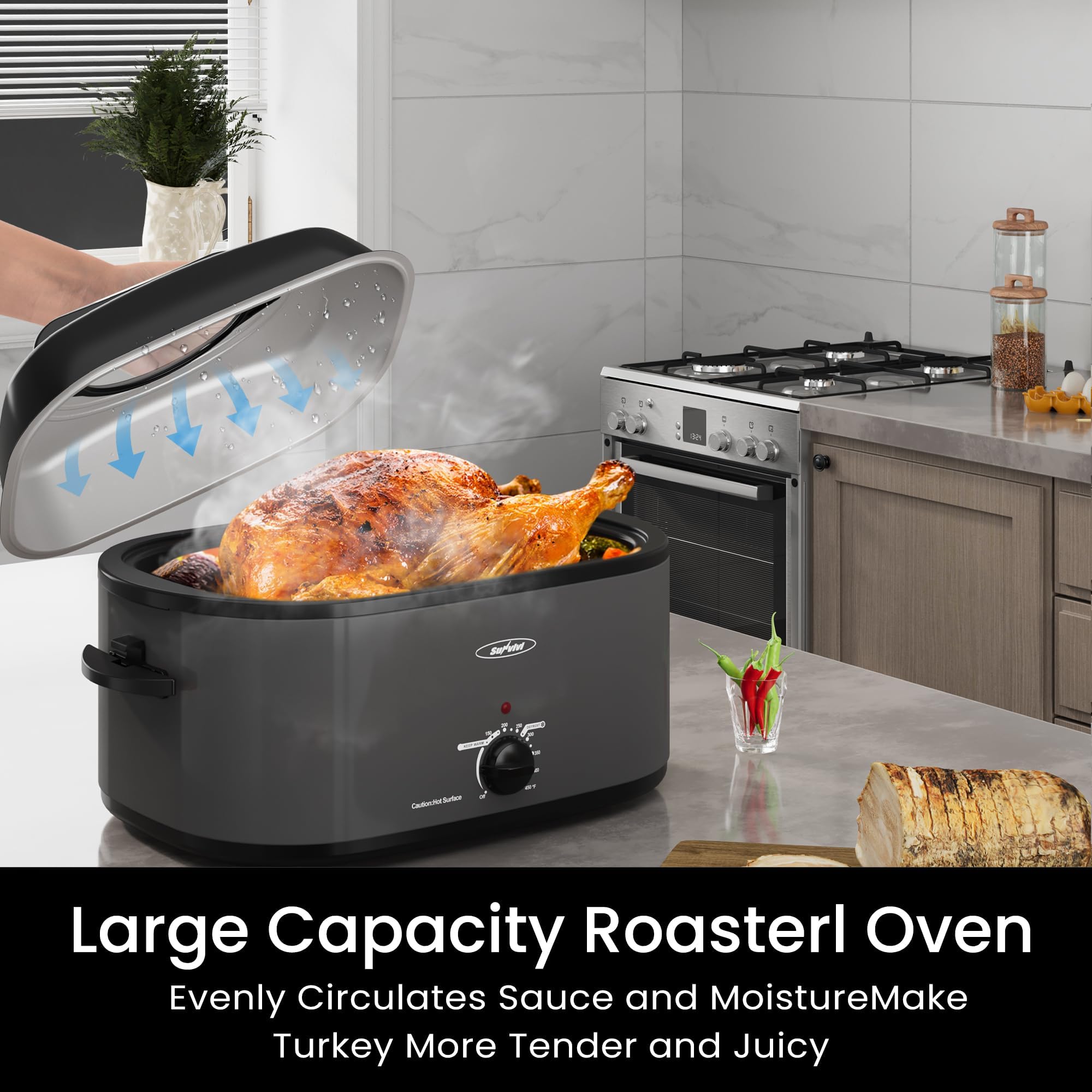Sunvivi 28 Quart Electric Roaster Oven Turkey Roaster with Lid Electric Roasters with Removable Pan Large Roaster,Visible & Self-basting Lid, Fast Heating & Thaw/warming Setting,Grey