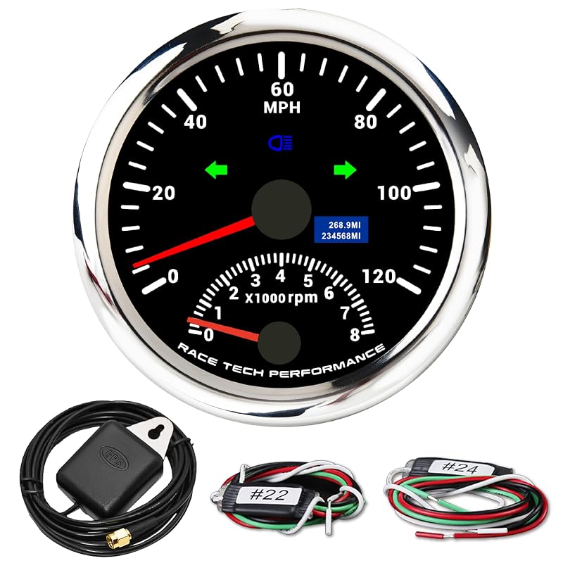 Velocímetro GPS e Tacômetro 2 em 1 RACETECH 85 mm com mostrador preto – 1 unidade