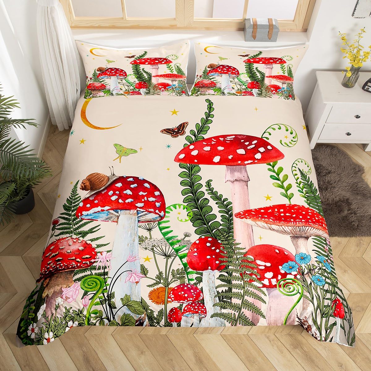 Watercolor Mushroom Duvet Cover Single Size,Jungle Botanical Plants Butterfly Snail Comforter Cover for Adults Kids Bedroom Decor,Glittering Starry Sky Moon Soft Bedding Set 1 Pillowcase,No Comforter