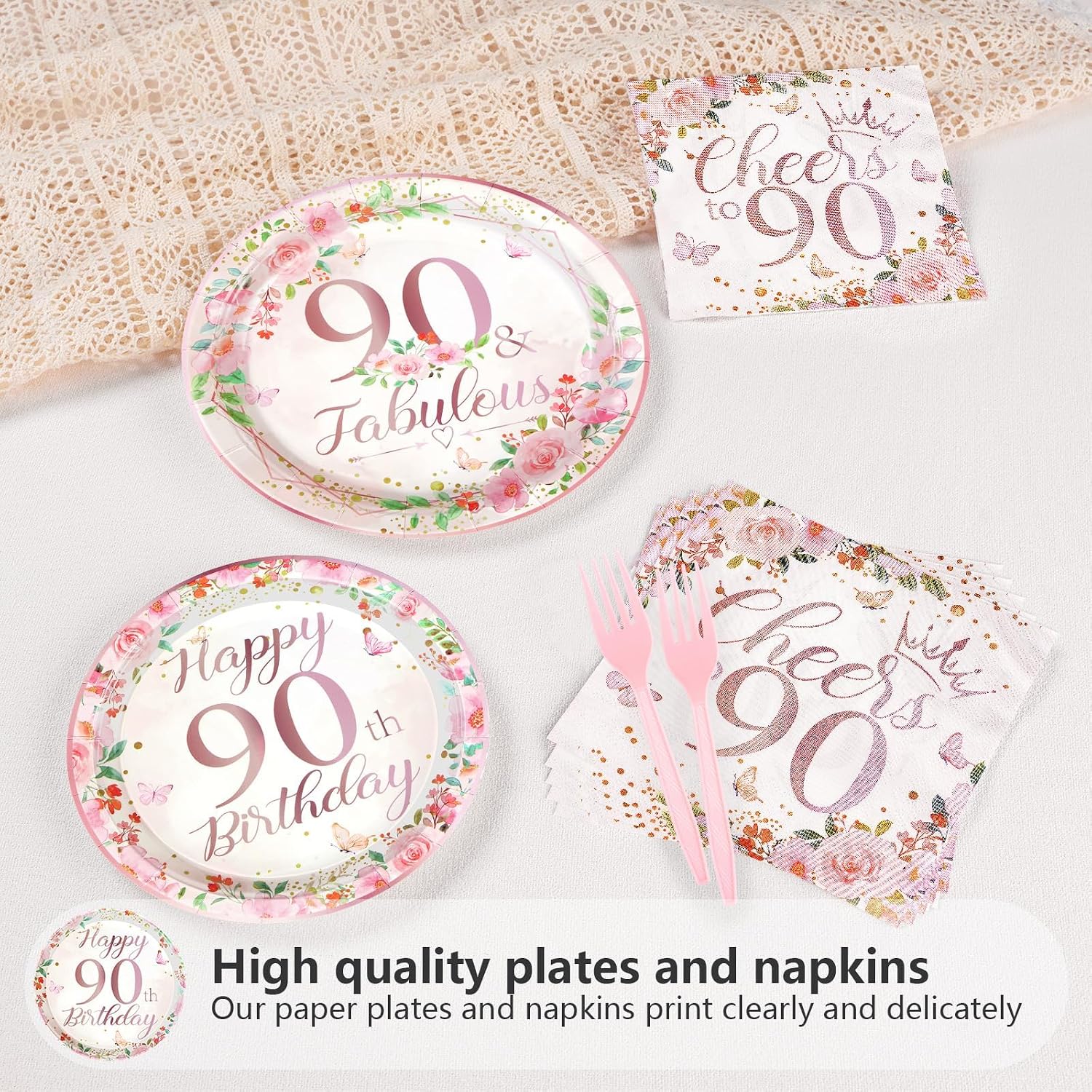 200Pcs 90th Birthday Party Decorations for Women Rose Gold Floral 90th Birthday Plates and Napkins Tableware Sets 90 and Fabulous Party Supplies for 90 Years Old Birthday Party Favors Serves 50