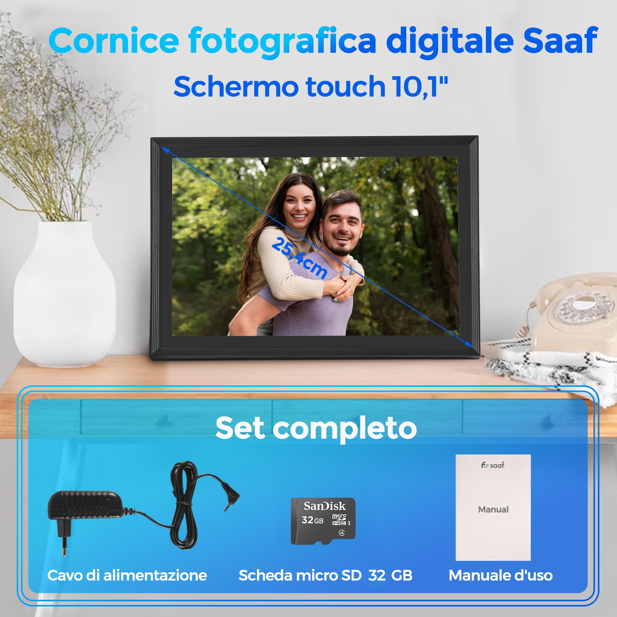 Saaf Cornice Digitale – Touchscreen 10,1" – Wifi & App ‘Uhale’ – 64GB Memoria (32GB Interna + 32GB SD) – Cornice Digitale – Nero – Facile da Usare