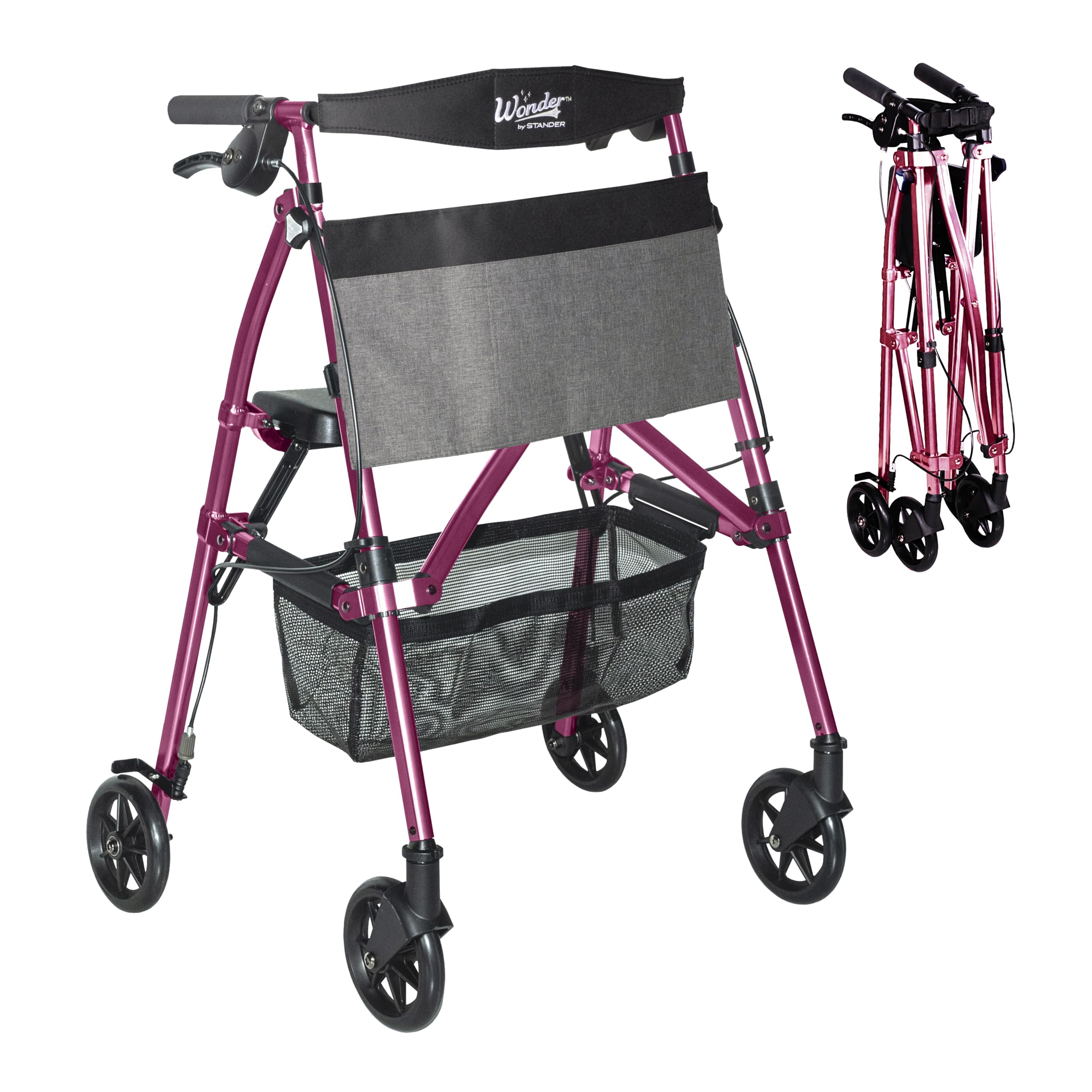 Wonder Rollator Plus, Lightweight Folding Mobility Rolling-Walker, EZ Fold-N-Go-Rollator for Seniors and Adults, 6-inch Wheels, Locking Brakes and Padded Seat with Backrest, Regal Rose