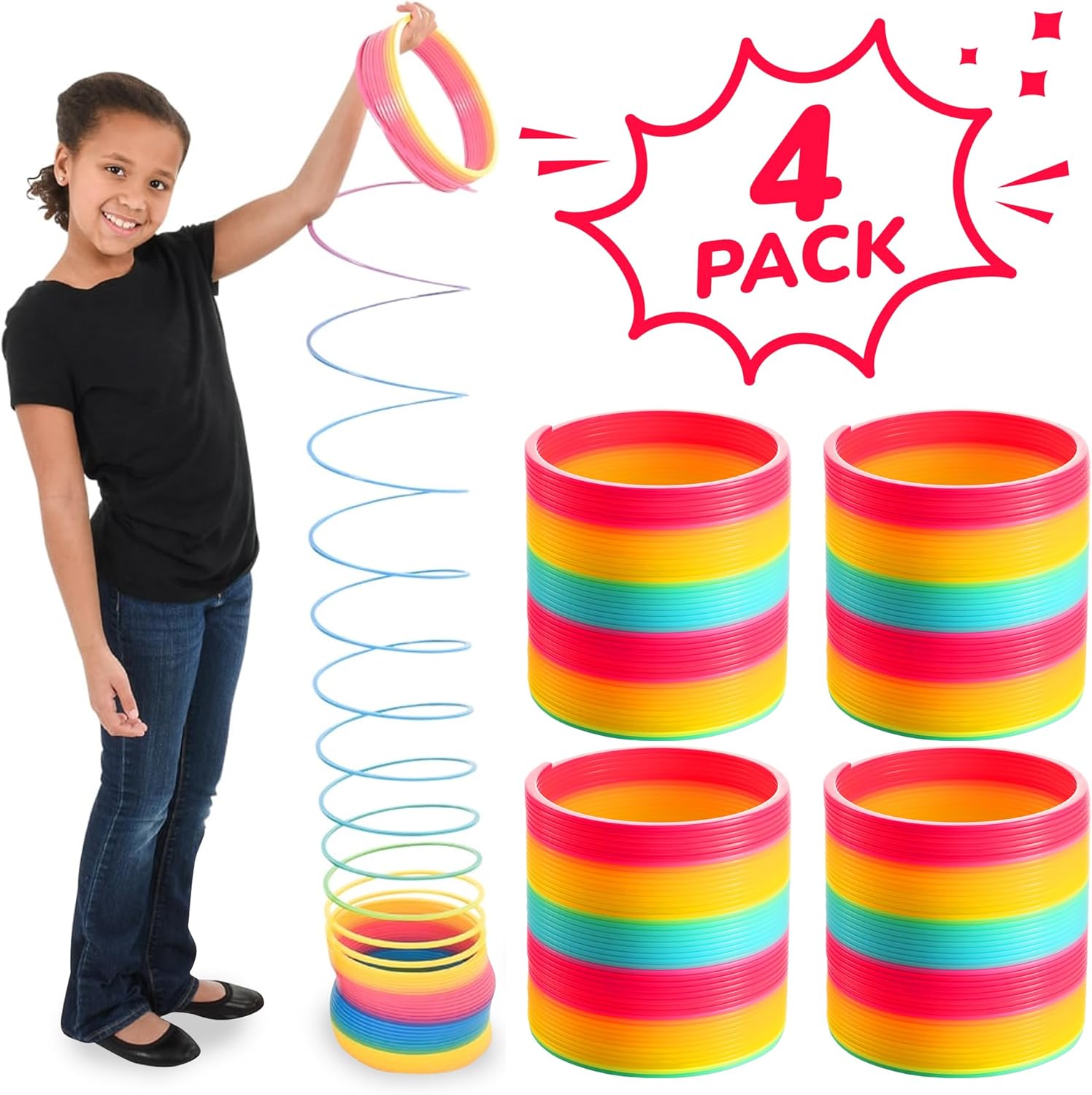 Jumbo Rainbow Spring Coil Toy - (4-Pack) 6" Plastic Giant Spring Coil for Kids, Big Spring Toys for Boys and Girls, Neon Colorful Rainbow Coil Spring for Party Favor, Great for Prizes, Gifts, Birthday