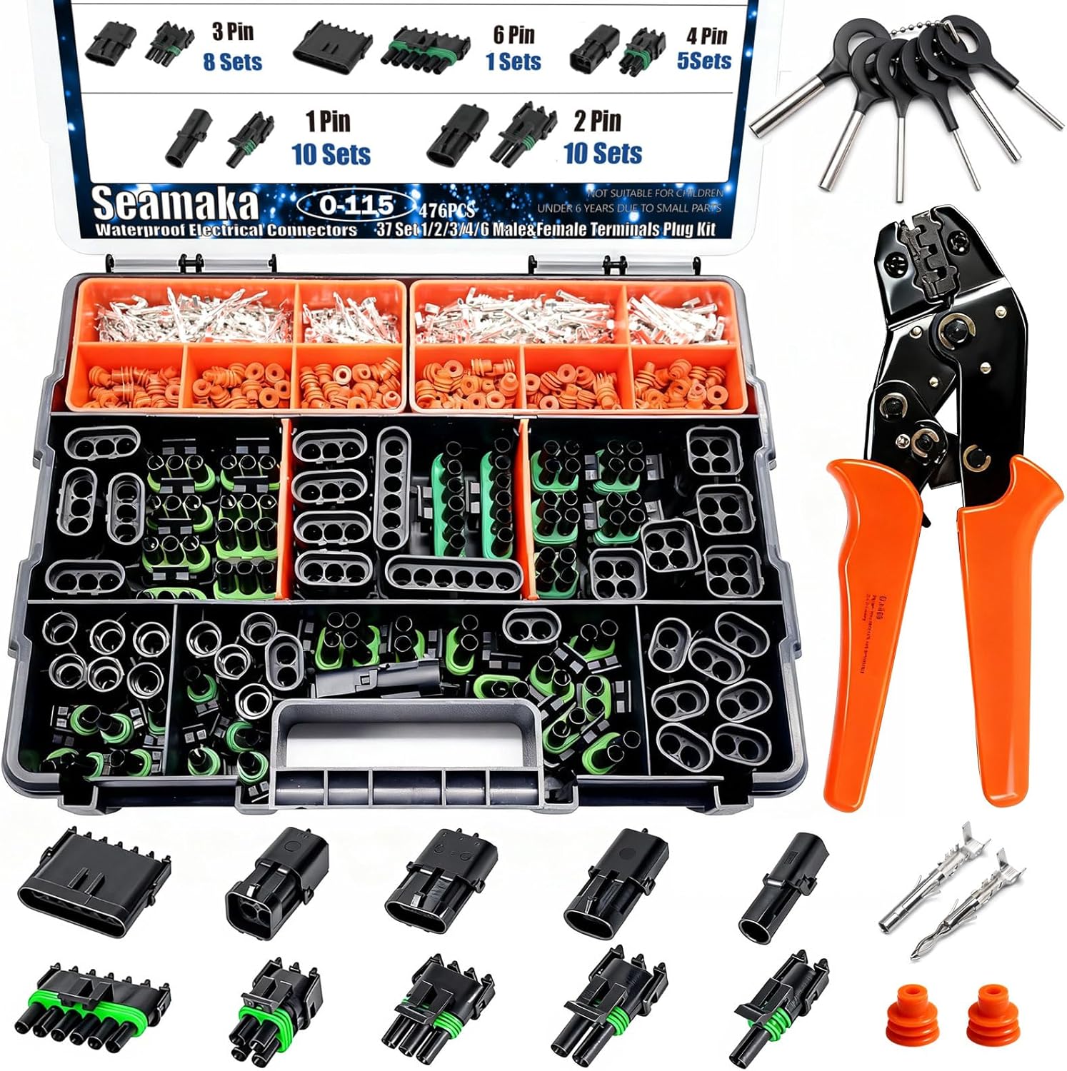 476Pcs 37 Kits Waterproof Automotive Electrical Connectors 1/2/3/4/6 Male&Female Automotive Replacement Electrical Accessories 22-14AWG with Ratchet Crimping Tool