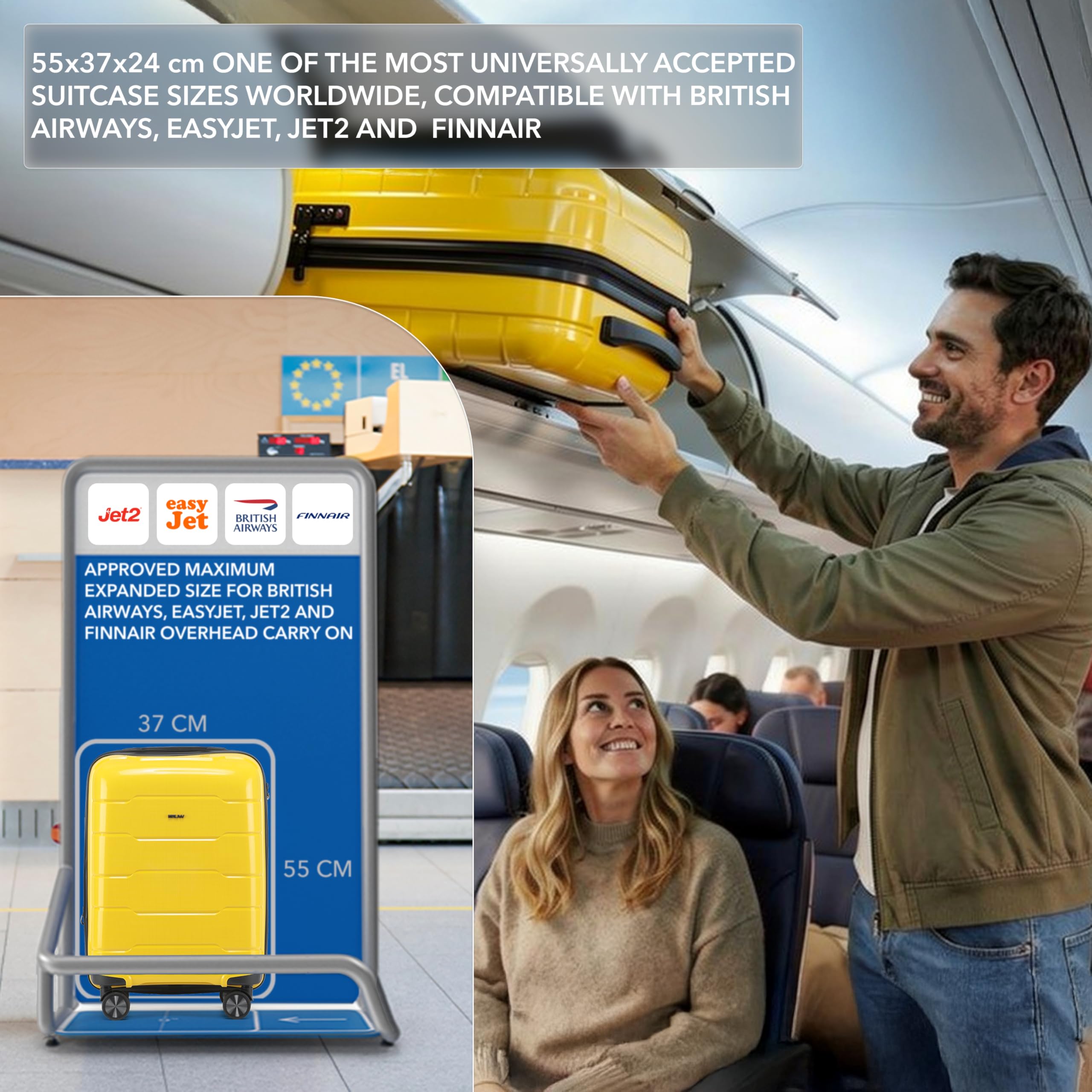 CRUW 5-Piece Luggage Set Expandable Polypropylene Suitcase Set TSA Locks 8 Silent Spinner Wheels Lightweight Nested Suitcases Travel Set easyJet British Airways Jet2 Airline-Approved Carry-On Yellow