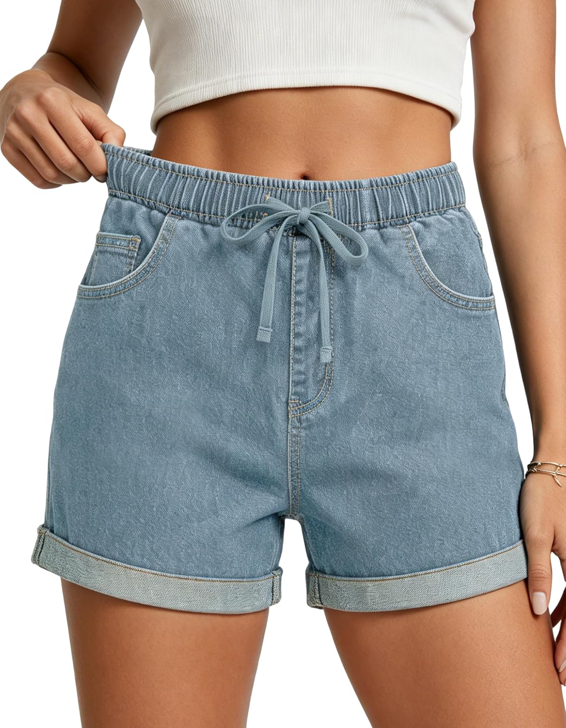 HVEPUO Summer Beach Jean Shorts for Women High Elastic Waisted Stretchy Drawstring Cuffed Cute Y2k Denim Shorts with Pockets