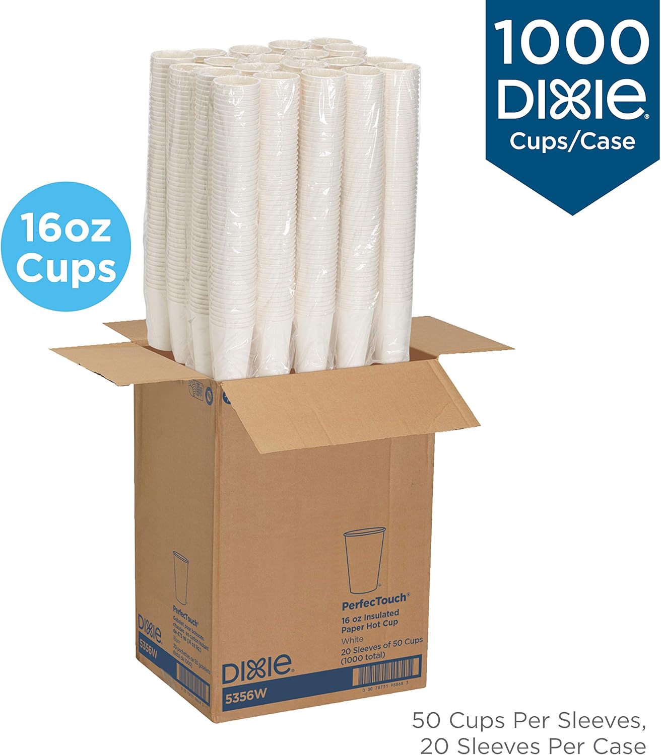 Case Pack of 20 DIXIE Perfect Touch 16 Oz insulated paper hot cups. White - Bag of 5