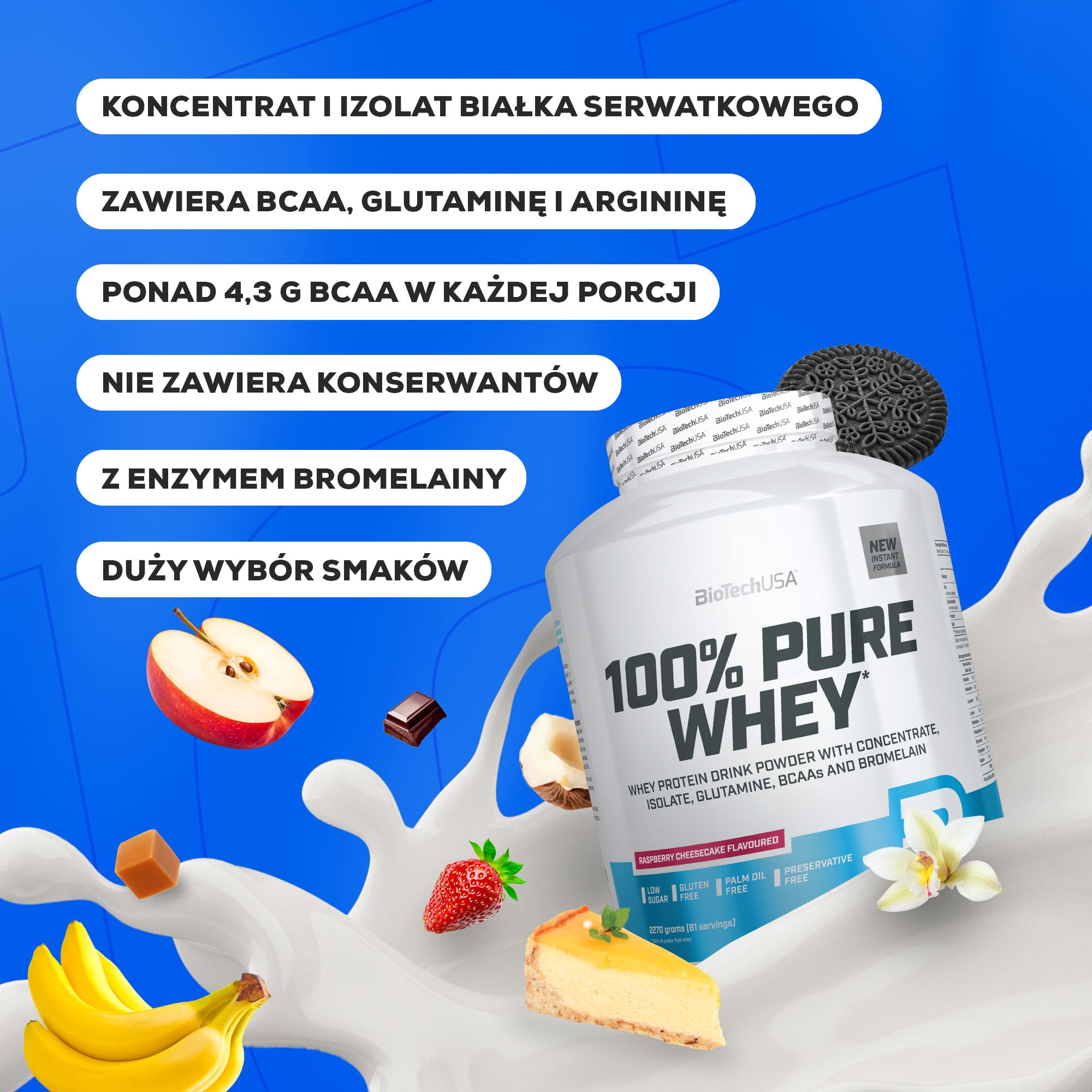 BioTechUSA 100% Pure Whey | Białko w proszku z BCAA i glutaminą | Bezglutenowe, bez oleju palmowego | 21g białka w porcji, 1 kg, Czekoladowe Masło Orzechowe