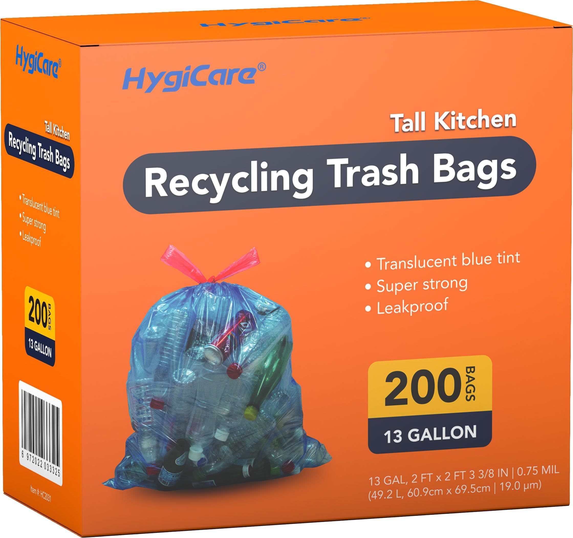 13 Gallon Recycling Trash Bags, Unscented 200 Count Drawstring Tall Kitchen Garbage Bags, Pre-Separated, Ultra Strong, Leakproof, Sturdy, Translucent Blue