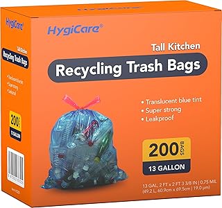 13 Gallon Recycling Trash Bags, Unscented 200 Count Drawstring Tall Kitchen Garbage Bags, Pre-Separated, Ultra Strong, Leakproof, Sturdy, Translucent Blue
