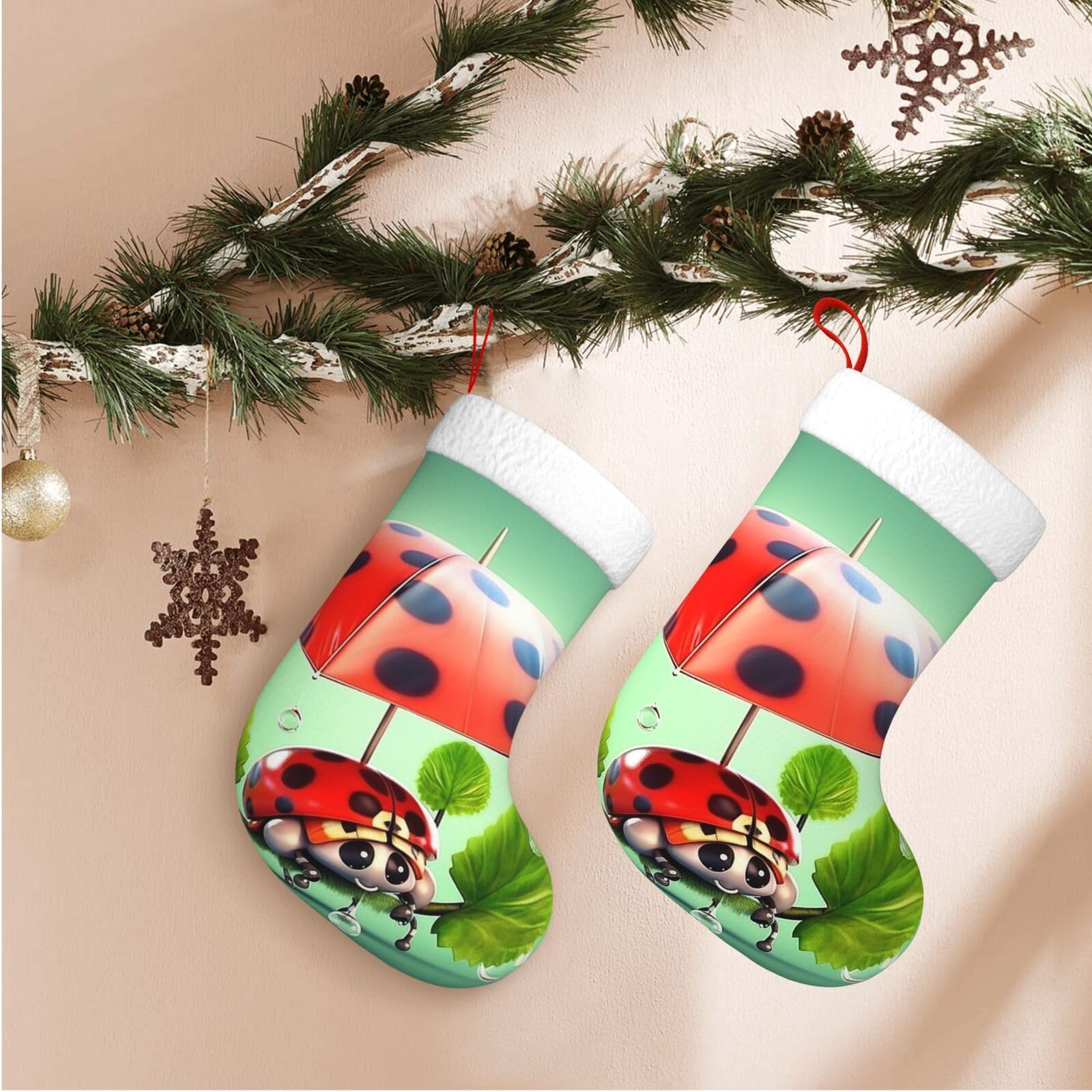 17.7" Christmas Stocking 1 Piece, Funny Ladybug Holding Umbrellas Xmas Stockings with White Plush Cuff Fireplace Hanging Stocking for Christmas Holiday Party Decoration