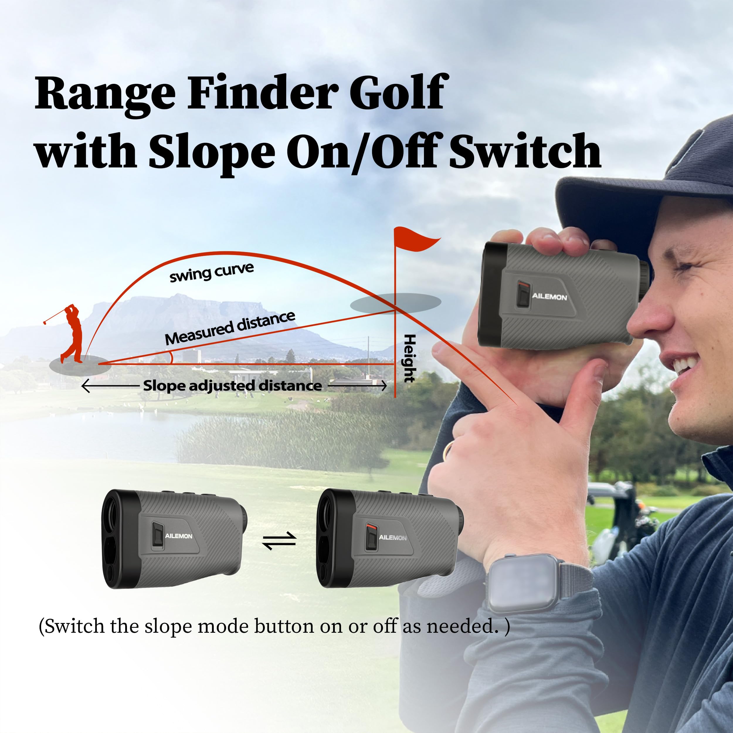 AILEMON 900 Yards Entfernungsmesser Golf Entfernungsmesser mit Neigungsschalter, 6-fache Vergrößerung, Laser-Entfernungsmesser, Schwarz/Grau