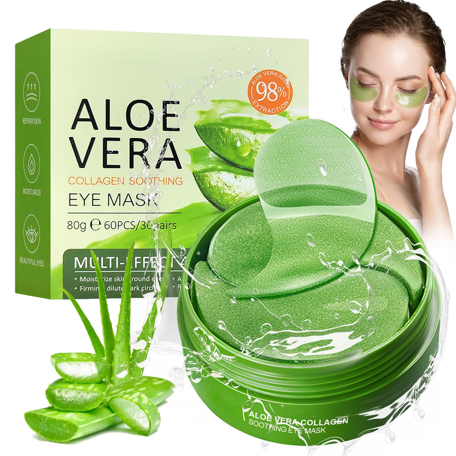 60 Pcs Maschera Occhi di Aloe Vera, Patch Contorno Occhi con Acido Ialuronico, Patch Occhiaie e Borse Contorno Occhi Idratante, Migliora e Rassoda la Pelle degli, Donne e Uomini - 1