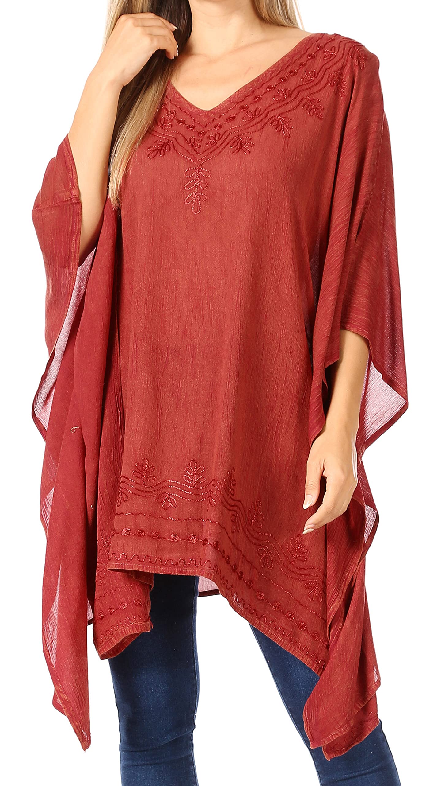 Sakkas Women's Red K2022s - Wren Lightweight Circle Poncho Top Blouse With Detailed Embroidery - Os
