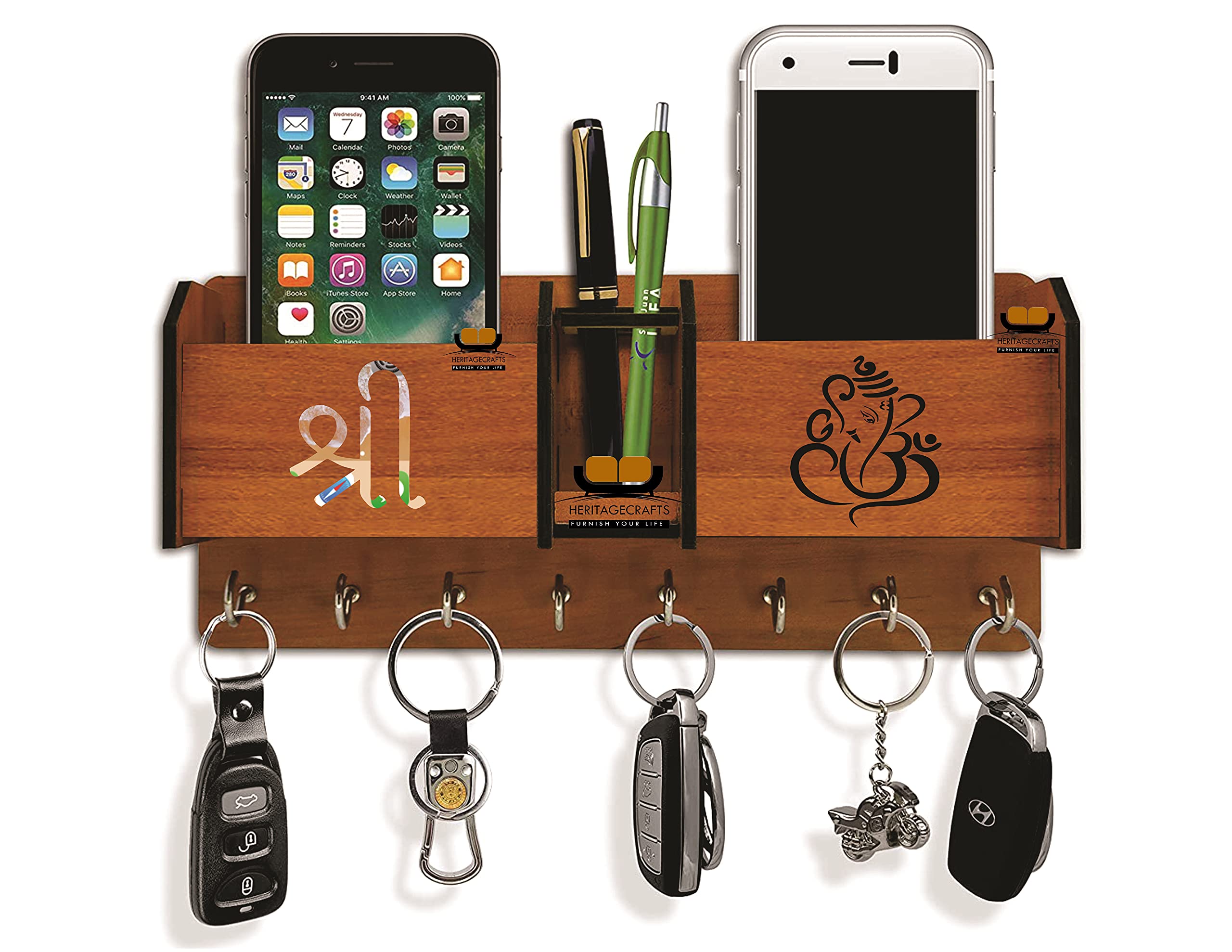 Wooden Pen & Key Holder - 8 Hooks, Stylish Storage -13