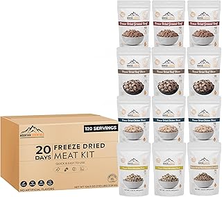 MOUNTAIN ESSENTIALS Freeze-Dried Meat Variety Kit – 3 Chicken Dices, 3 Beef Dices, 3 Ground Beef, 2 Shredded Pork & 1 Pork Sausage Crumble | 10 Servings per Pouch | Shelf-Stable Daily Meals, Camping & Emergency Food | Made in USA
