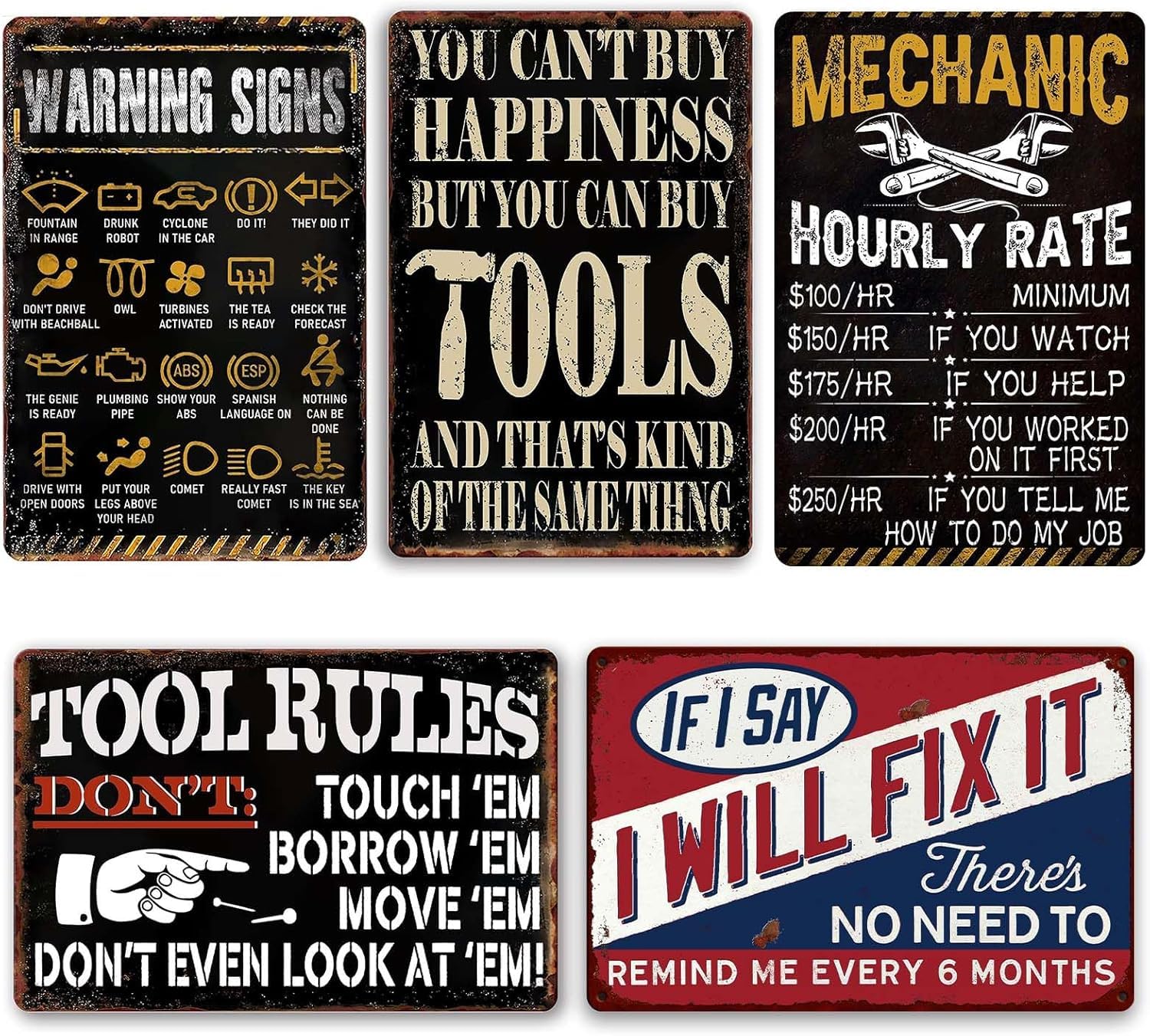 5 Piece Man Cave Decor Funny Garage Signs Vintage Metal Garage Tin Sign Car Shop Posters Mechanic Gifts For Men Room Decor Mechanic Shop Sign Retro Garage Wall Decorations