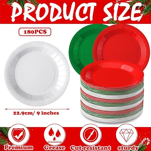 Miniatura 2 de Tioncy 180 platos rojos, blancos y verdes, platos de papel desechables de Navidad, platos de papel de postre, platos de cena a granel, decoración de