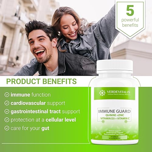 Miniatura 4 de VERDEVITALIS Quinine Immune Guard - Suplemento de cápsulas de quinina con vitamina C, D3, zinc, para alivio de calambres musculares y bienestar