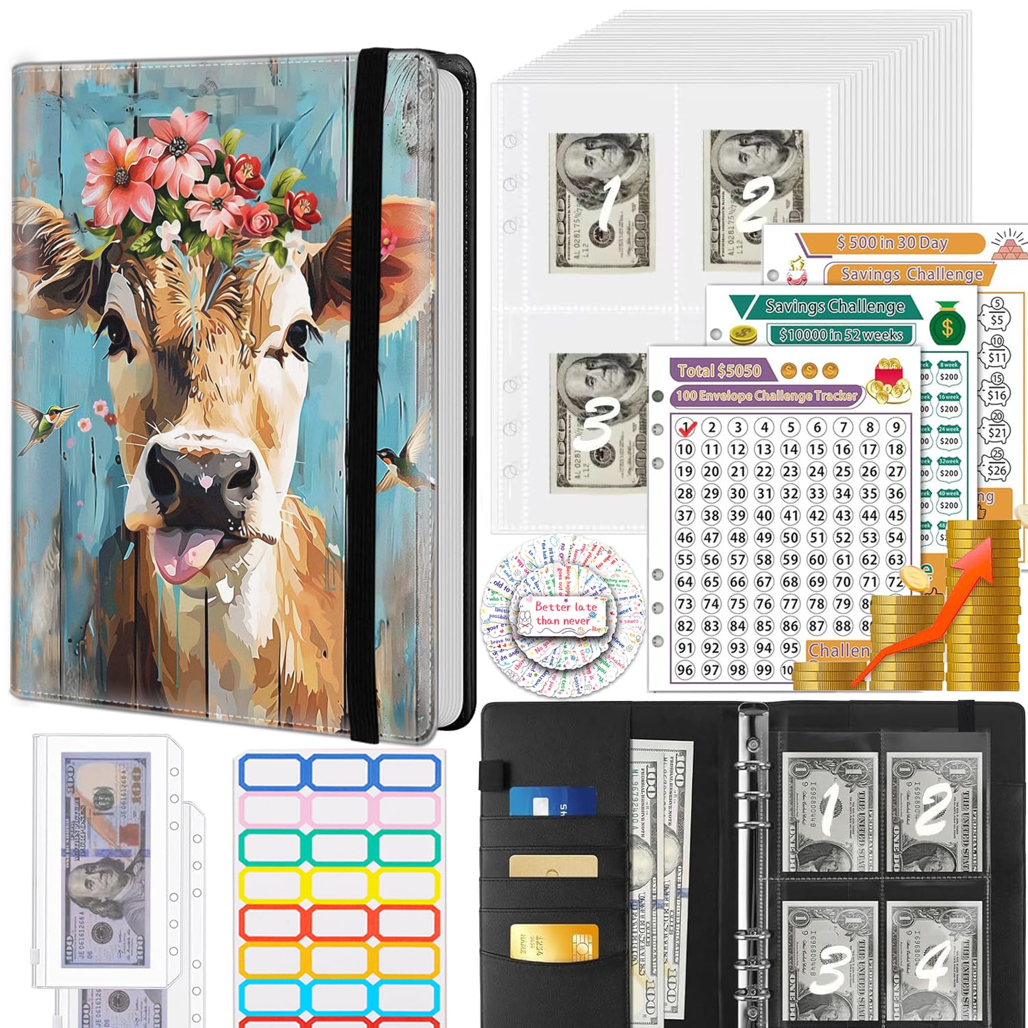 Money Saving Binder, 100 Envelopes Money Saving Challenge, Cash Envelopes Budget Binder & 3 Budgeting Planner Trackers, PU Leathers A5 Money Saving