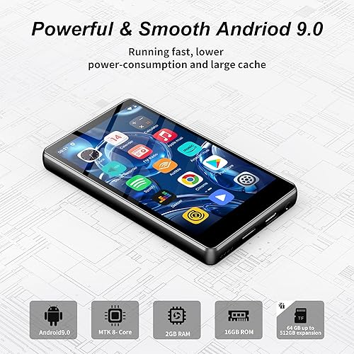 Miniatura 5 de SWOFY Reproductor de MP3 con Bluetooth y WiFi, M503pro 80GB Android 9 OS, pantalla táctil de 4 pulgadas, reproductor de música y video, altavoz