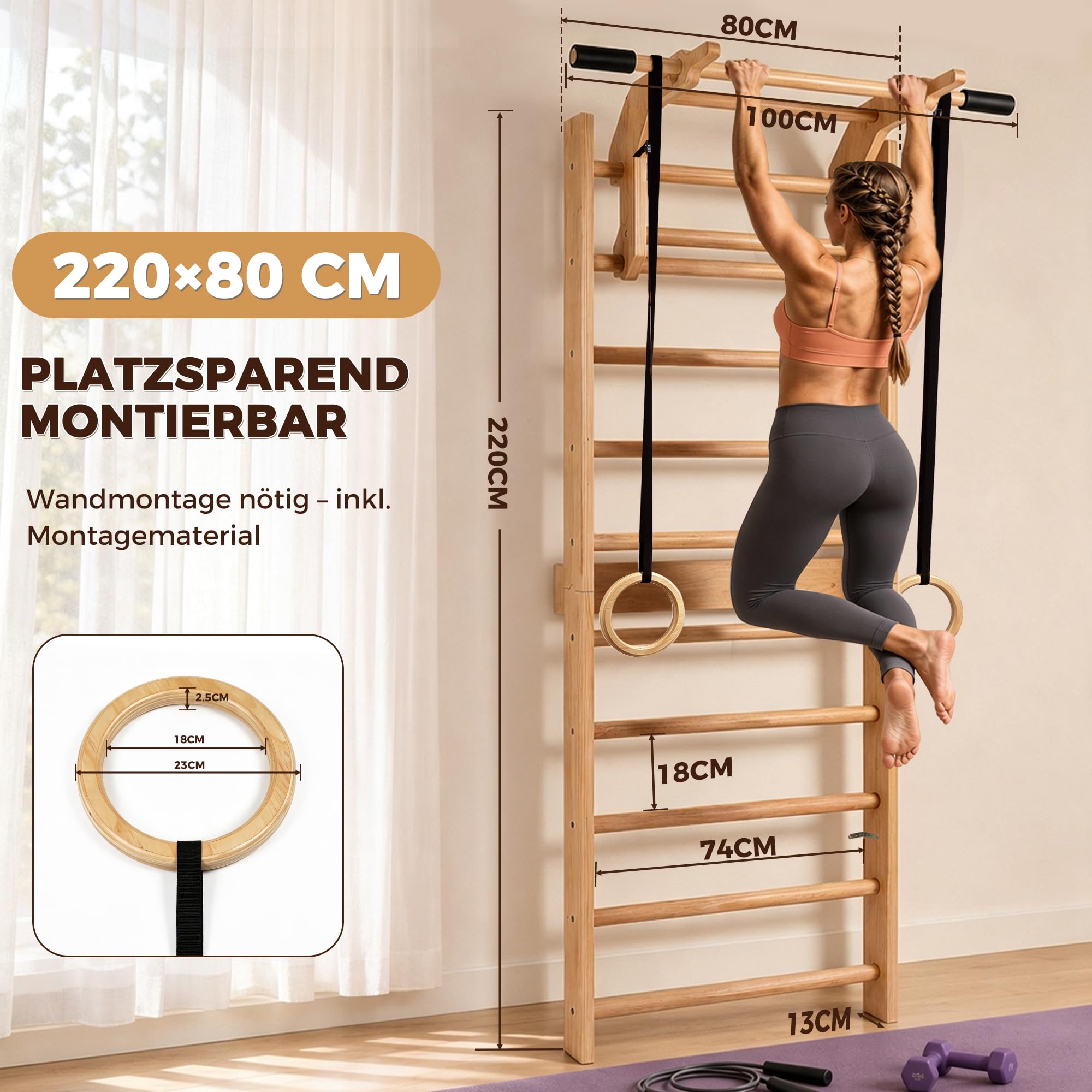 4 IN 1 Sprossenwand mit Klimmzugstange & Dip Extension, 150kg Wandmontage Schwedenleiter mit 4EVA-Griffbezüge & Widerstandsbänder & Gymnastikringe, Holz-Kletterwand Sprossenwand für Erwachsene, Kinder