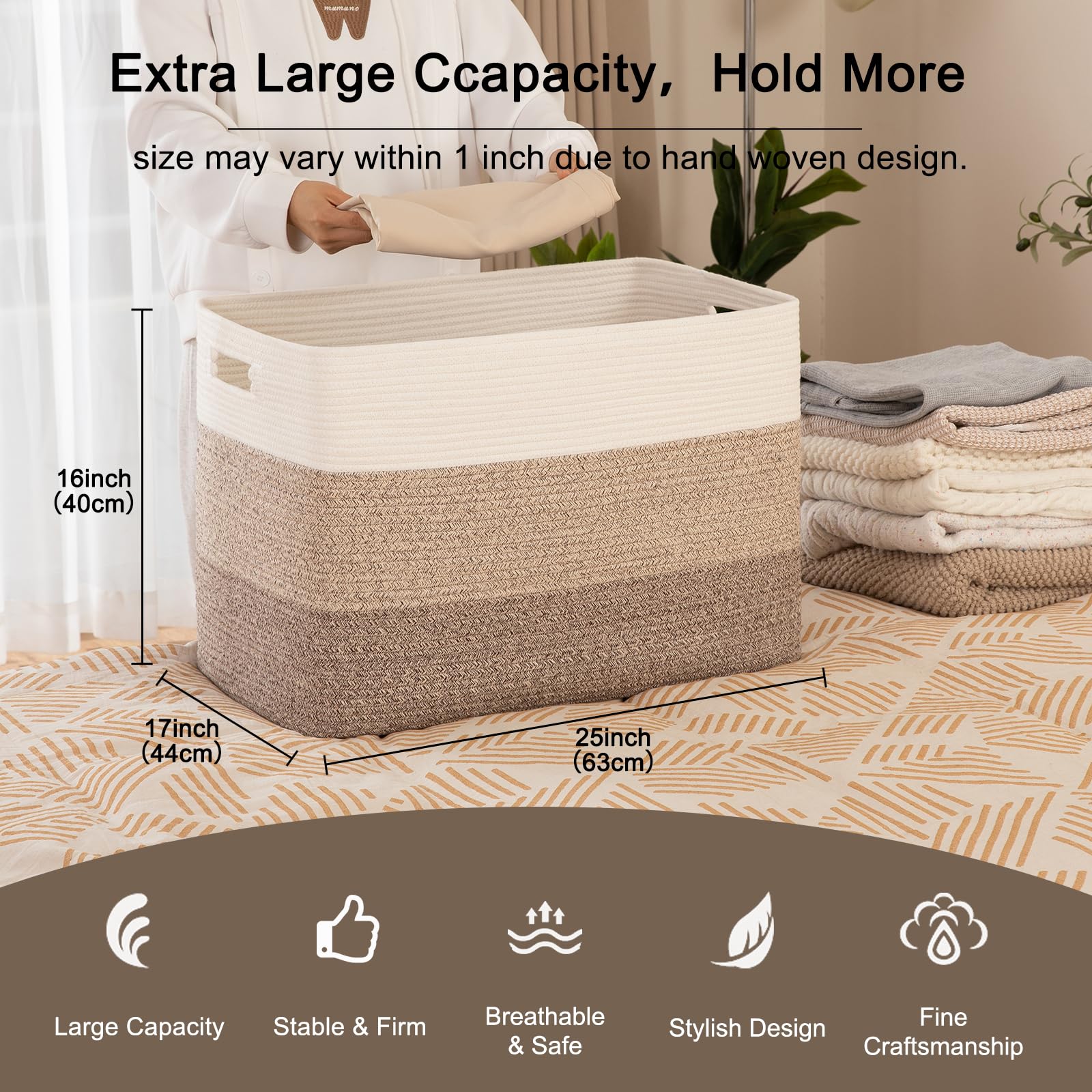 OIAHOMY 118L Extra Large Blanket Basket, Rectangle Woven Cotton Rope Storage Basket,Used for storing Dirty Clothes, Stuffed Animal Toy Storage for Living Room,Kids Room,25