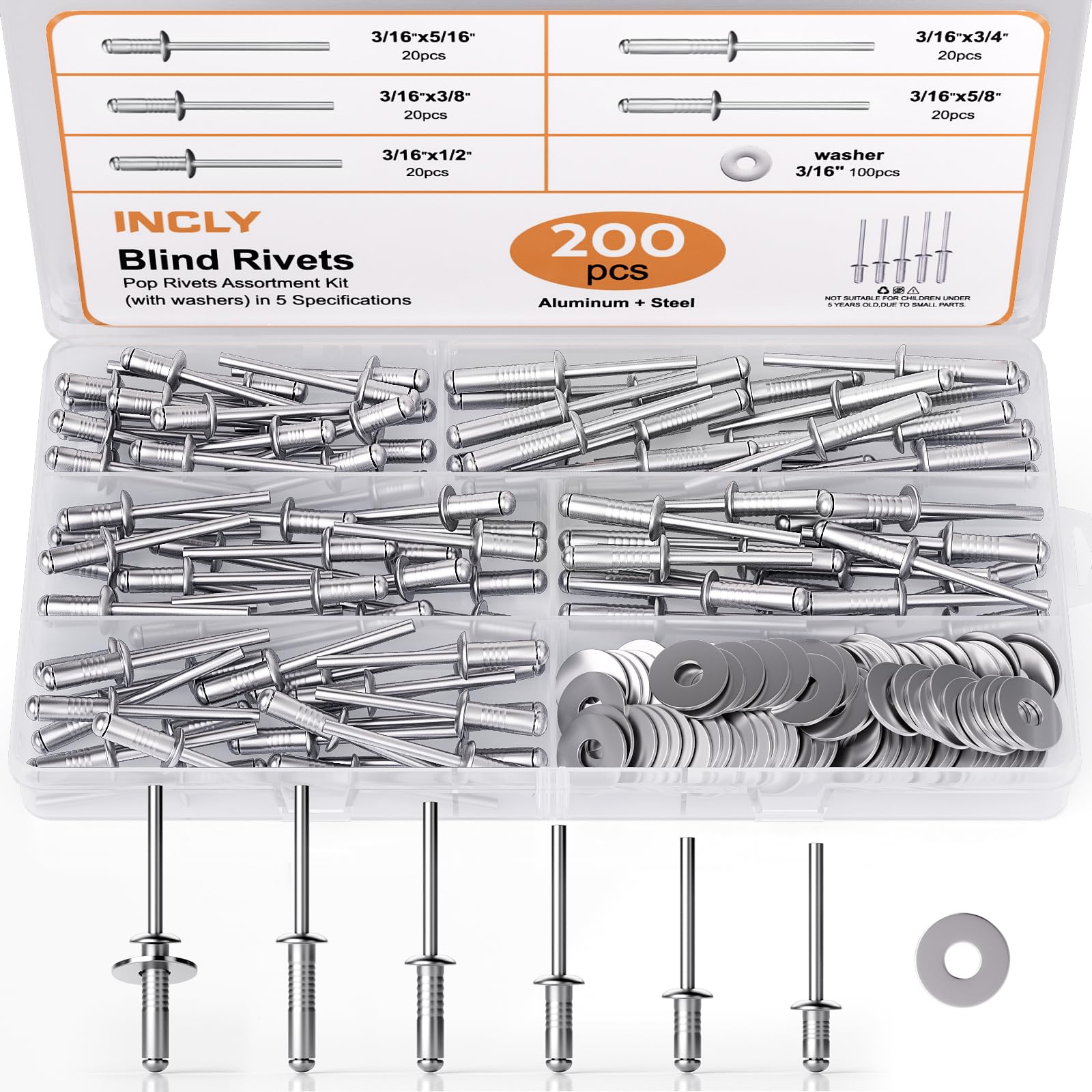 INCLY 200Pcs 3/16 Inches Pop Rivets Assortment Kit with Washers