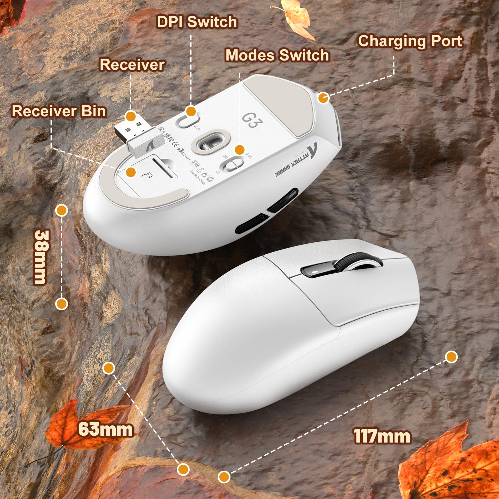 MAMBASNAKE x ATTACK SHARK G3 Mouse da Gioco Wireless, Leggero 59g, Sensore Ottico PAW3311, 25 000 DPI, Bluetooth/2.4G/USB-C, 5 Pulsanti Programmabili, Batteria da 500mAh per PC/Mac – Bianco