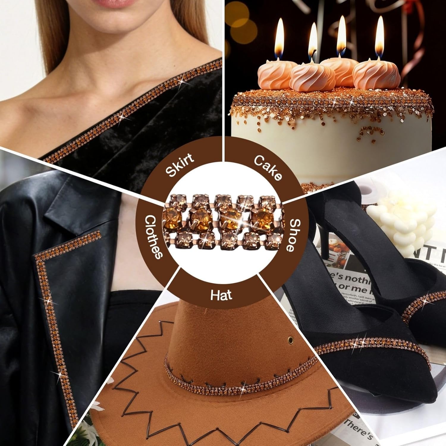 Bijou Joon 3 Yards 3 Rows Champagne Brown Crystal Rhinestone Chain Trim for Crafts, Rolls and Colors Bling Close Embellishments for Jewelry Making, Wedding Cake
