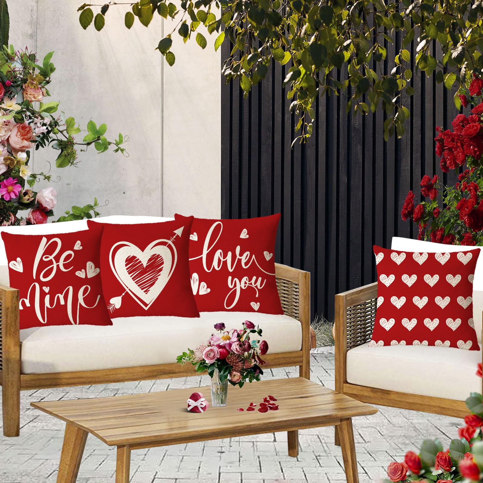 YeeJu Set di 4 federe per cuscini con scritta Happy Valentine's Day, 61 x 61 cm, per anniversario di matrimonio, per anniversario, decorazione per esterni, divano (61 cm