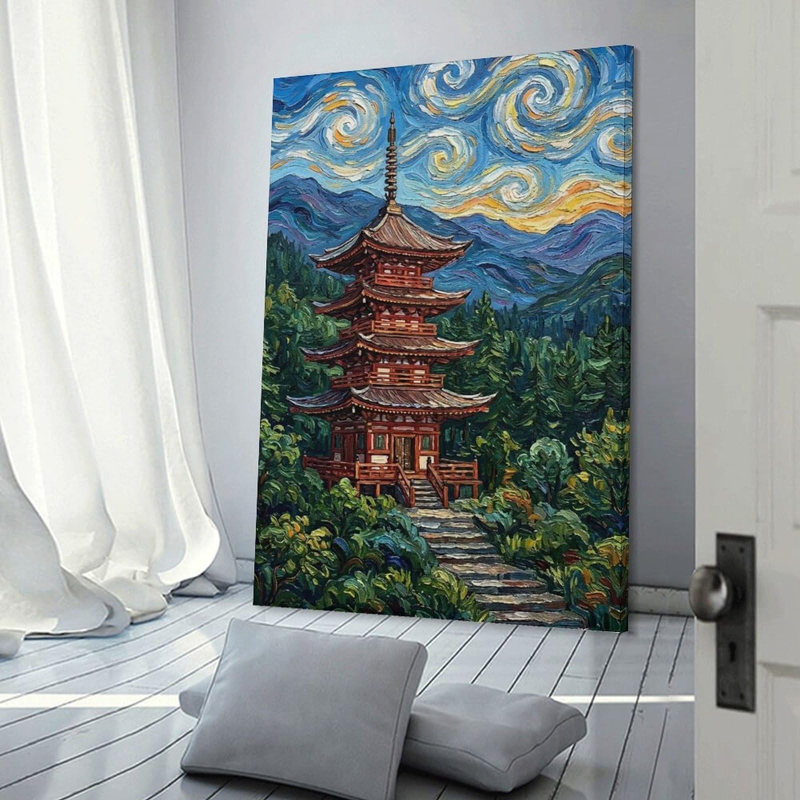 Junmoney Japanese Pagoda in Van Gogh Style Wall Art Print, 20x30inch(50x75cm), for Study, Office Or Focused Interiors, Home Office Artwork with Decorative Appeal