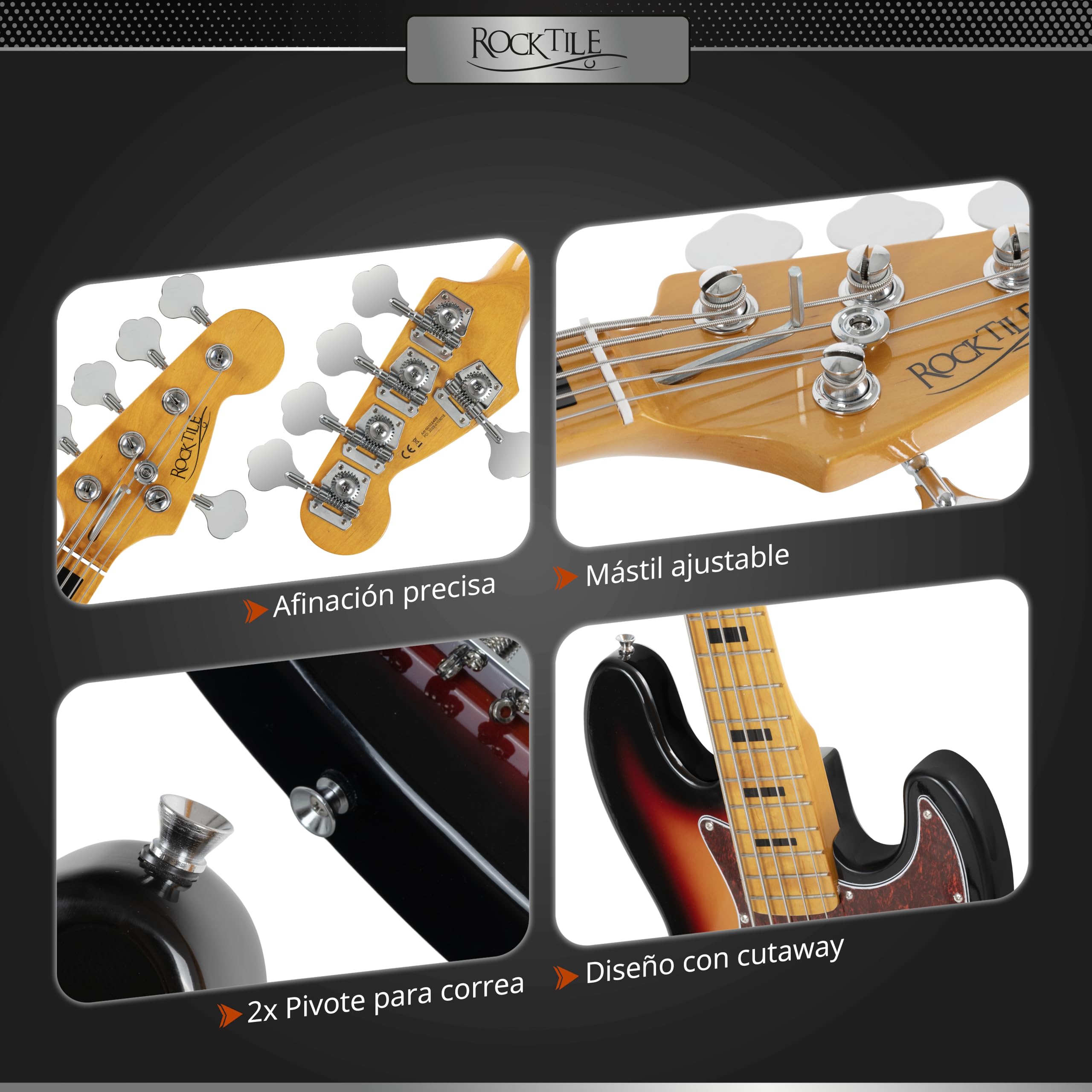 Rocktile Pro JBS50-SB Bajo Eléctrico Sunburst, Allgemein, Modell: JBS50-SB | Serie: Rocktile Pro, Peso: 4, 24 kg, Número de cuerdas: 5, Orientación: Diestros, Korpus, Forma del cuerpo: JB-Style, Hals