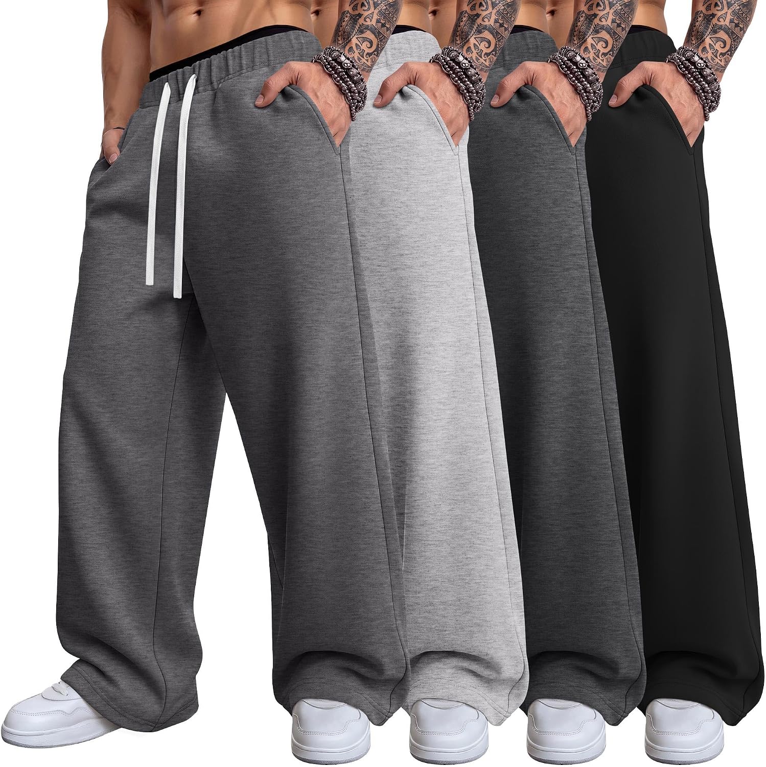 Ficerd 4 Pack Men's Sweatpants Big and Tall Pants | Baggy Wide Leg Pants, Loose Fit Joggers, Drawstring Lightweight Trousers, with Pockets, Athletic Gym Daily Wear, L-5XL