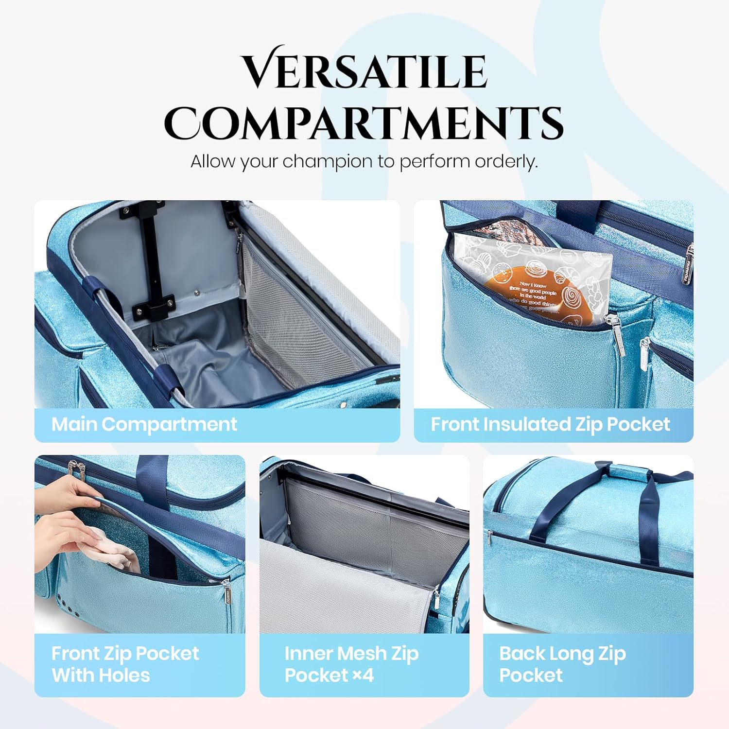 Fanwoli 23" Dance Bag with Garment Rack | Glittering Waterproof Fabric | Shine-Bright Collection | Ideal Competition Rolling Duffle Bag for Dancer Cheerleader Little Princess | Sparkle Blue