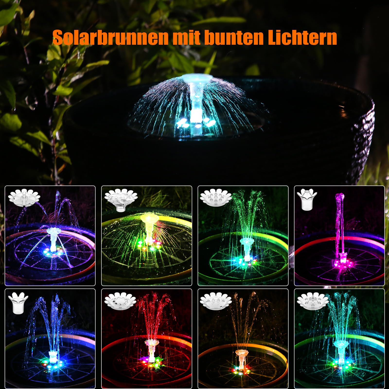 AISITIN 5,5W LED Solar Springbrunnen für Außen mit Verstellbare Stützstange Buntes Teichpumpe Solarbrunnen mit verschieden Düse, Wasserpumpe Fontäne Pumpe mit Batterie für Gartenteich,DIY Wasserspiel