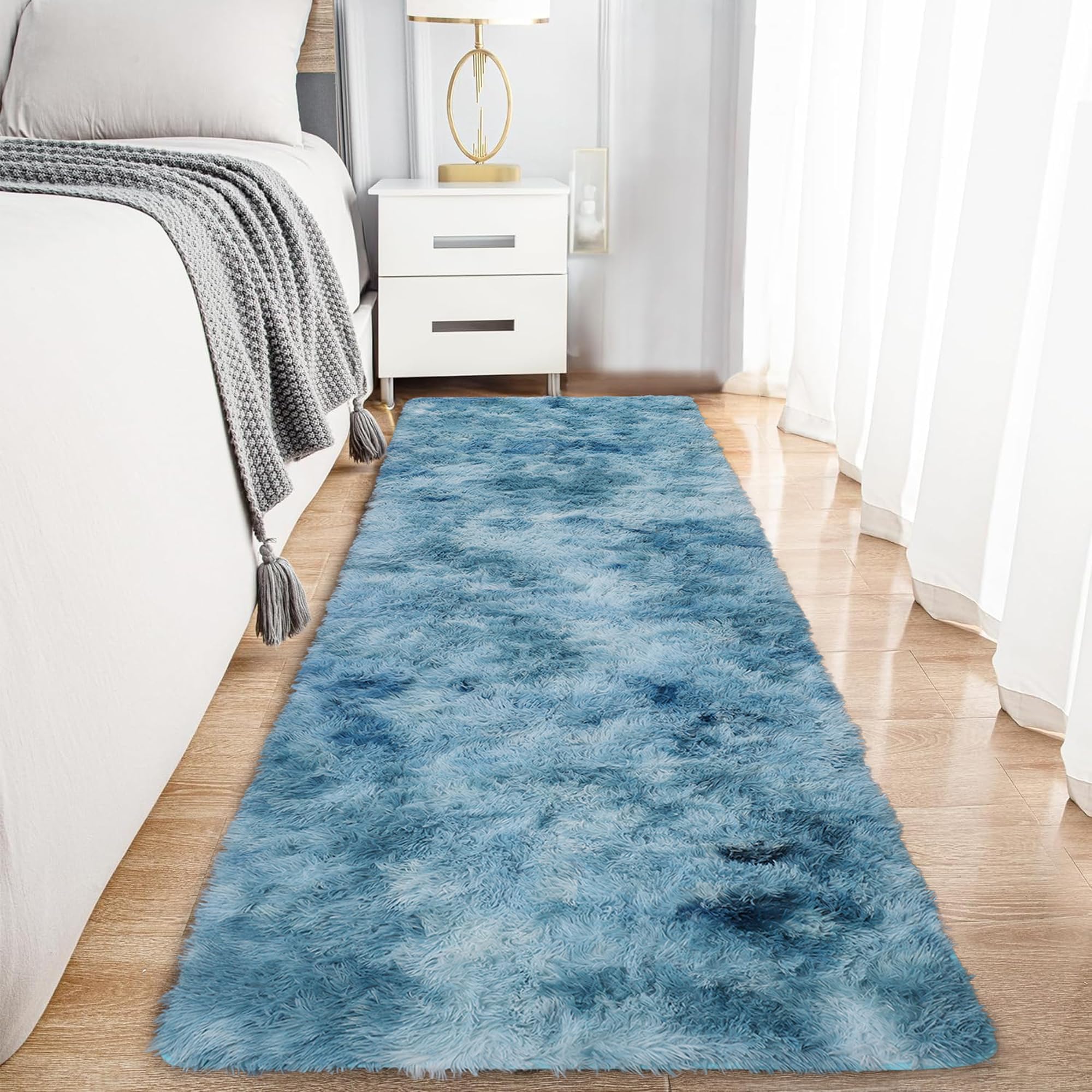 Hafaa Fluffy Shaggy Rugs Living Room Tie-Dye Teal 60x220 cm, Long Non-Slip Carpet Runner Rugs for Hallway, Soft Thick Pile Bedside Rug for Kids Bedroom, Nursery Room Non-Shedding