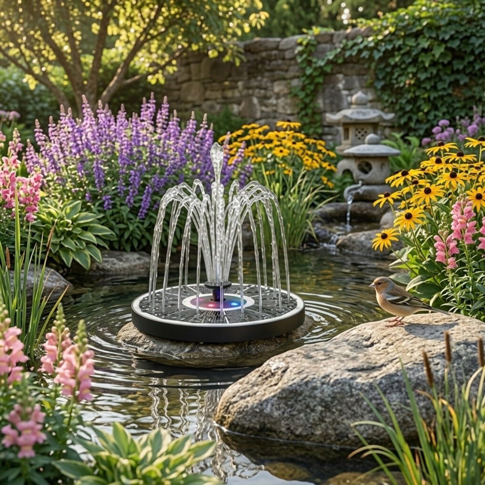 Fontana galleggiante solare per esterni con 8 luci LED RGB, 3 ugelli e flusso d'acqua personalizzabile per giardino o patio (ugello trasparente)