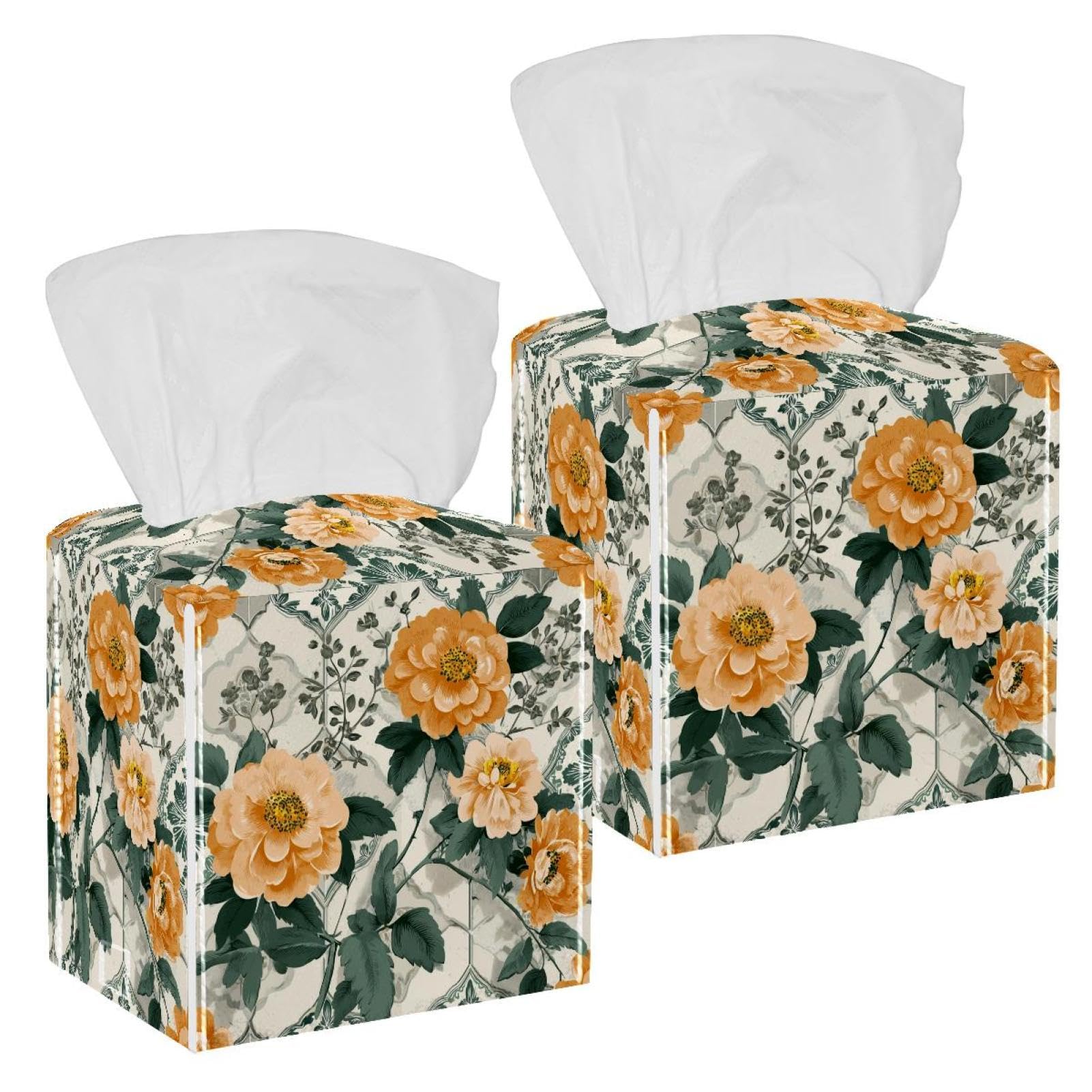 Flowers Tissue Box Cover, 2 Pack PU Leather Square Facial Tissue Dispenser Box holder for Home Office Car