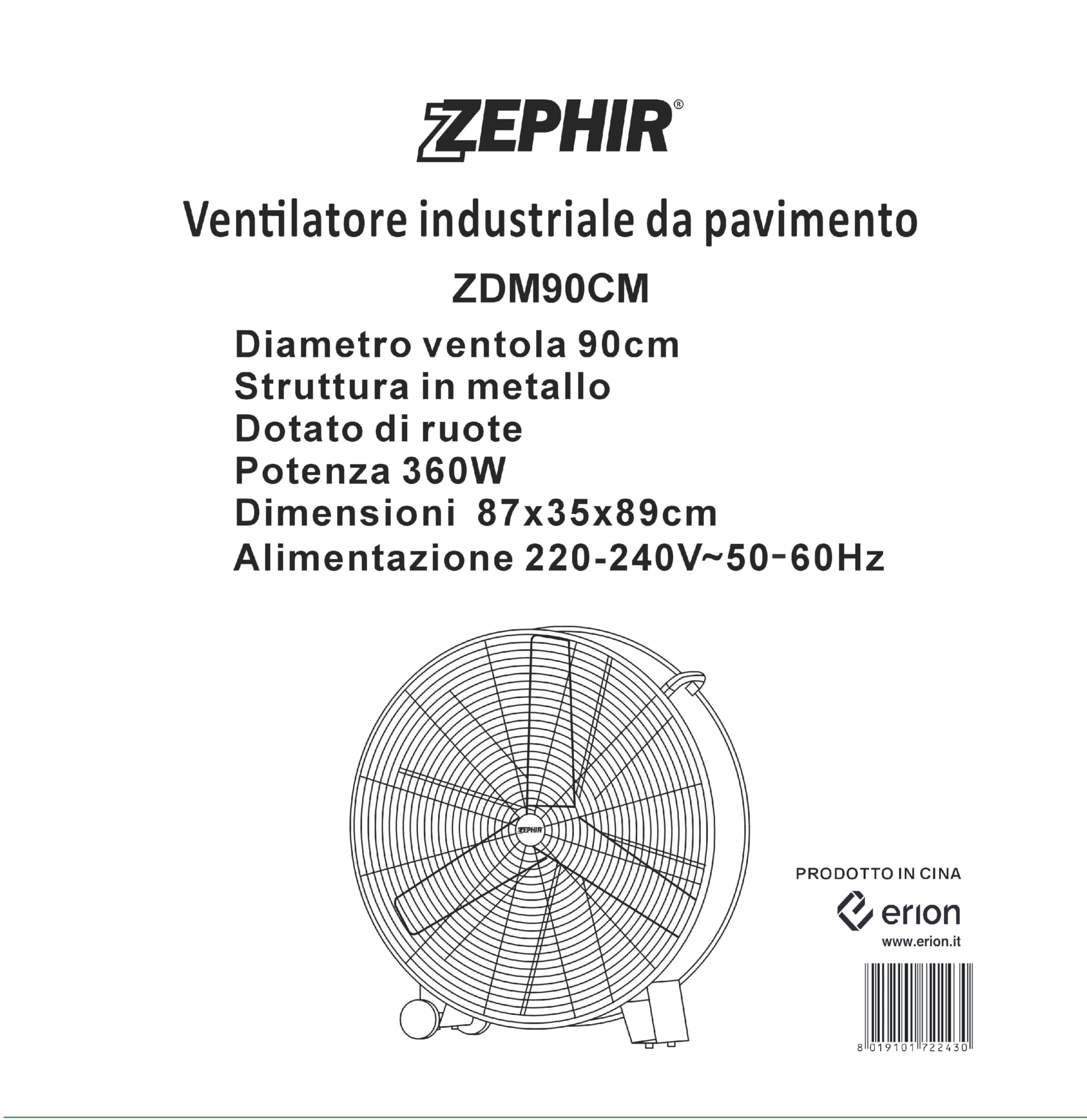 Zephir ZDM90CM Ventilatore Industriale da Terra Professionale con Ruote Struttura Interamente in Metallo Superpotente Pala 90 cm Gabbia 3 velocità selezionabili Motore da 360W, Nero