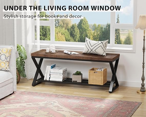 LVB Rustic Brown Industrial Entryway Bench with Storage, Indoor Wood and Metal Storage for Living Room Bedroom, Accent Shoe Rack Seating Bench for Hallway Foyer Entrance, 120 CM