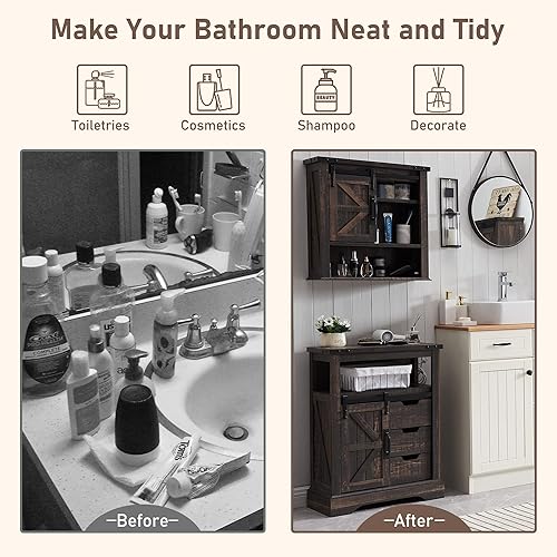 Miniatura 7 de OKD Armario de pared de baño, botiquín de granja con puerta corredera de granero y estantes ajustables, armario de almacenamiento montado en la