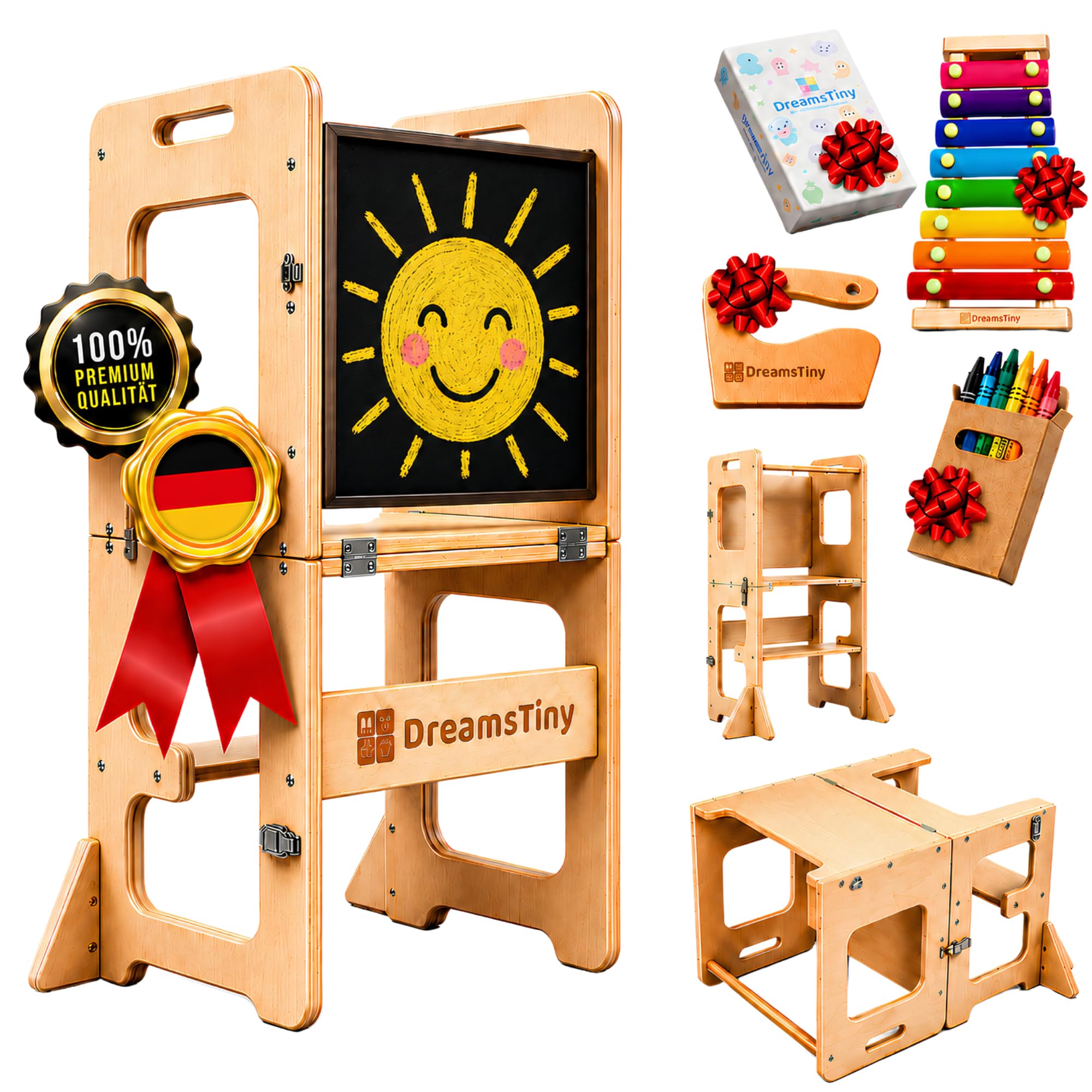 Lernturm ab 1 Jahr Klappbar 3-in-1, Lernturm mit Rausfallschutz | Inklusive Xylophon, Malbuch, Buntstiftbox, Schneidewerkzeug und Montageset, Lernturm Klappbar, Montessori Learning Tower