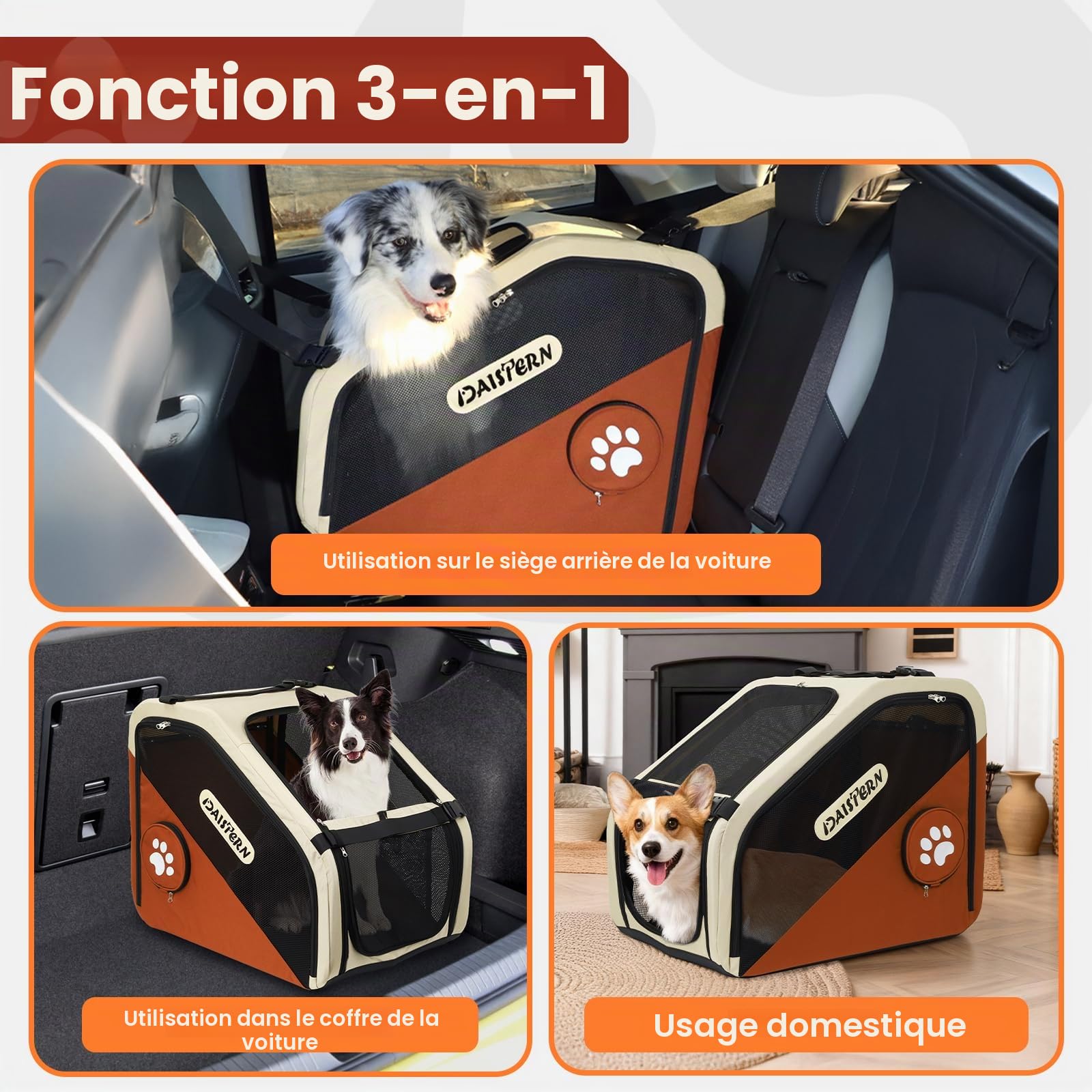 Cage de Transport Chien Pliable pour Voiture, Caisse de Voyage Souple pour Petits et Moyens Chiens, Cadre Métal Robuste, Fenêtres Maille Respirantes, Pliage Rapide, Brun