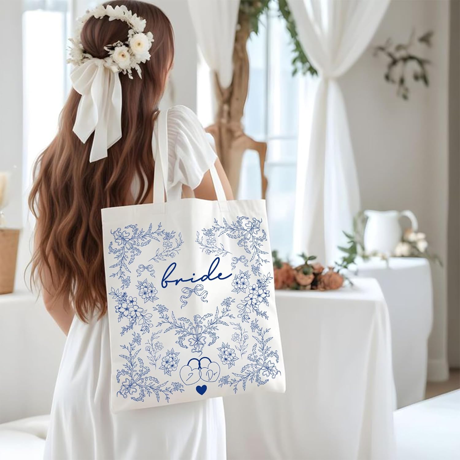 LADY & HOME Bride Tote Bag Blue White Bag for Bridal Shower Wedding Honeymoon Gifts - Image 3