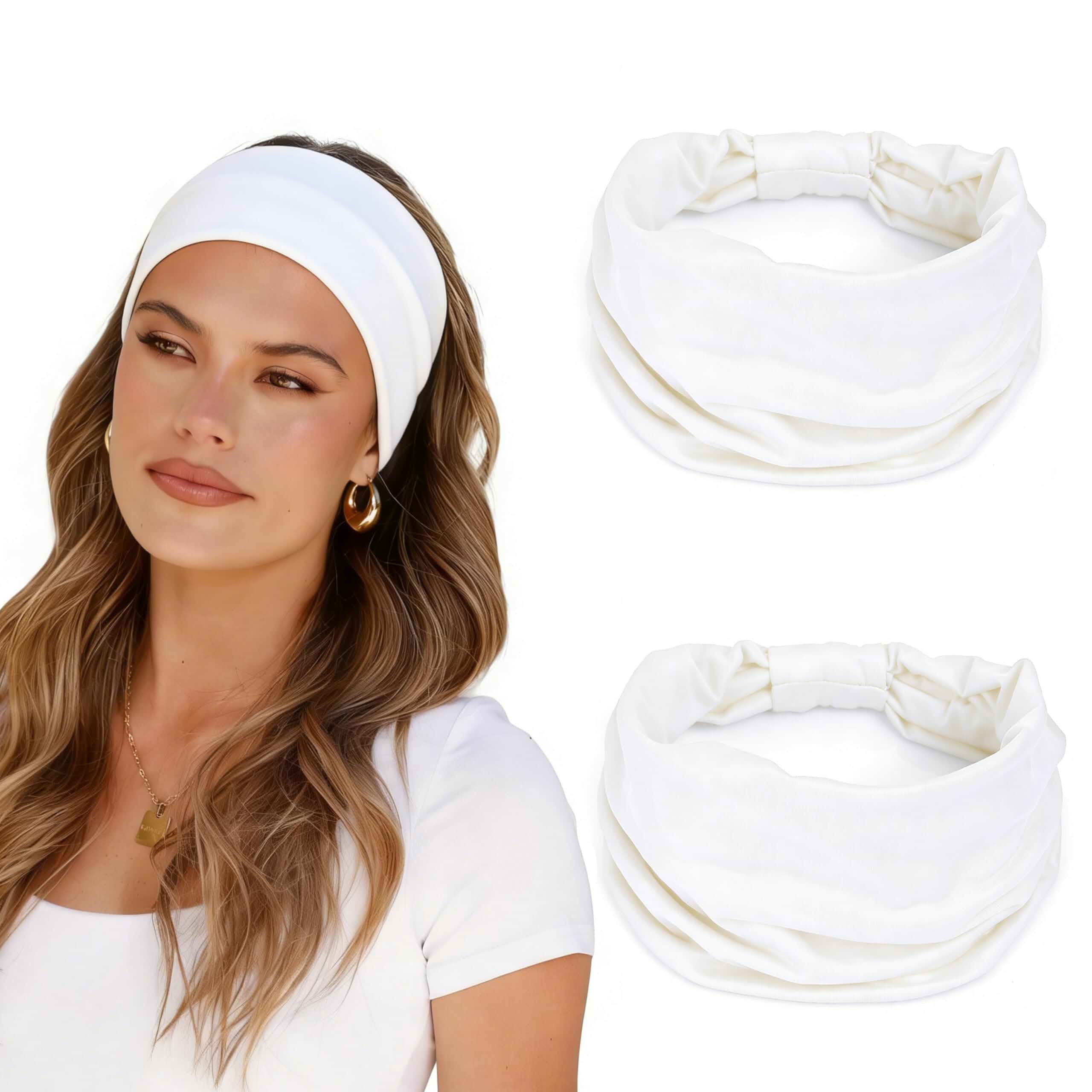 2 Pack White Wide Headbands for Women - Thick Stretchy Non Slip Fabric Sweat Bands, Soft Hair Bands for Workout, Running, Spa, Makeup & Washing Face Yoga, Running, Sports