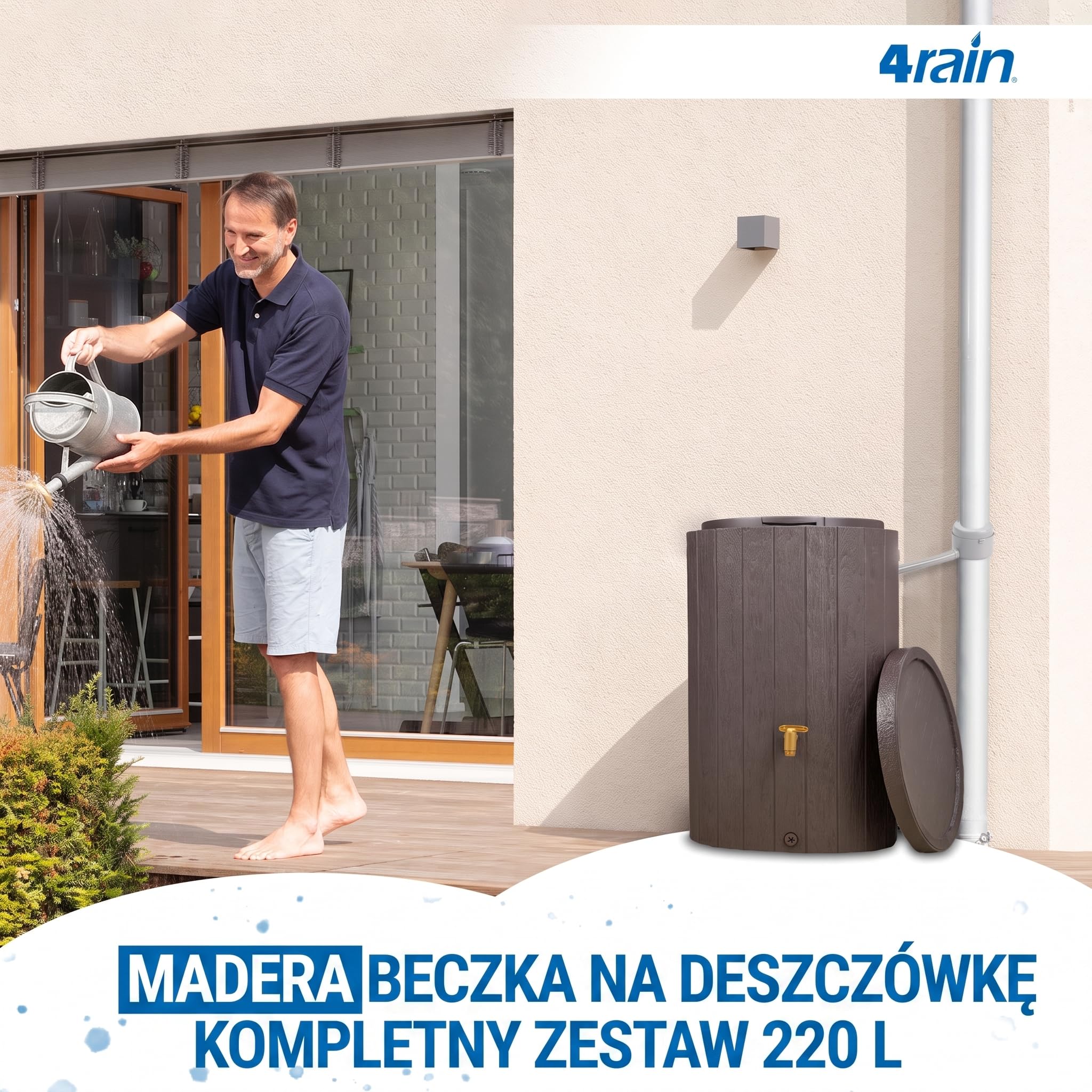 4rain MADERA zbiornik na deszczówkę zestaw kompletny 220 l brązowy | z kranem spustowym z tworzywa sztucznego i przyłączem do rury spustowej