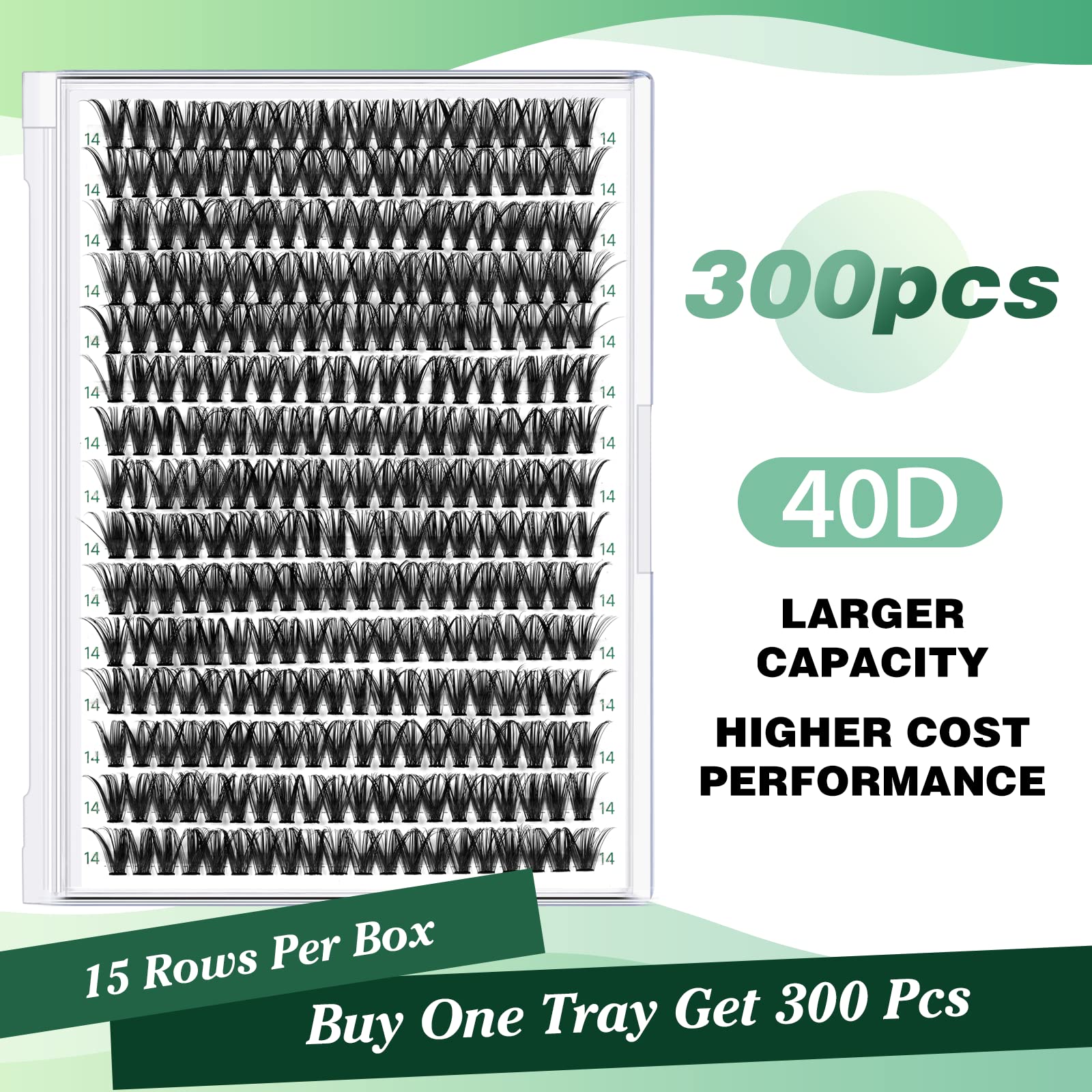 KEYYOU Wimpern Extensions 300pcs Cluster Lashes 40D D Curl 14mm Einzelne Wimpern Volume Natürlich Sanft Wimpernverlängerung（40D-D-14）
