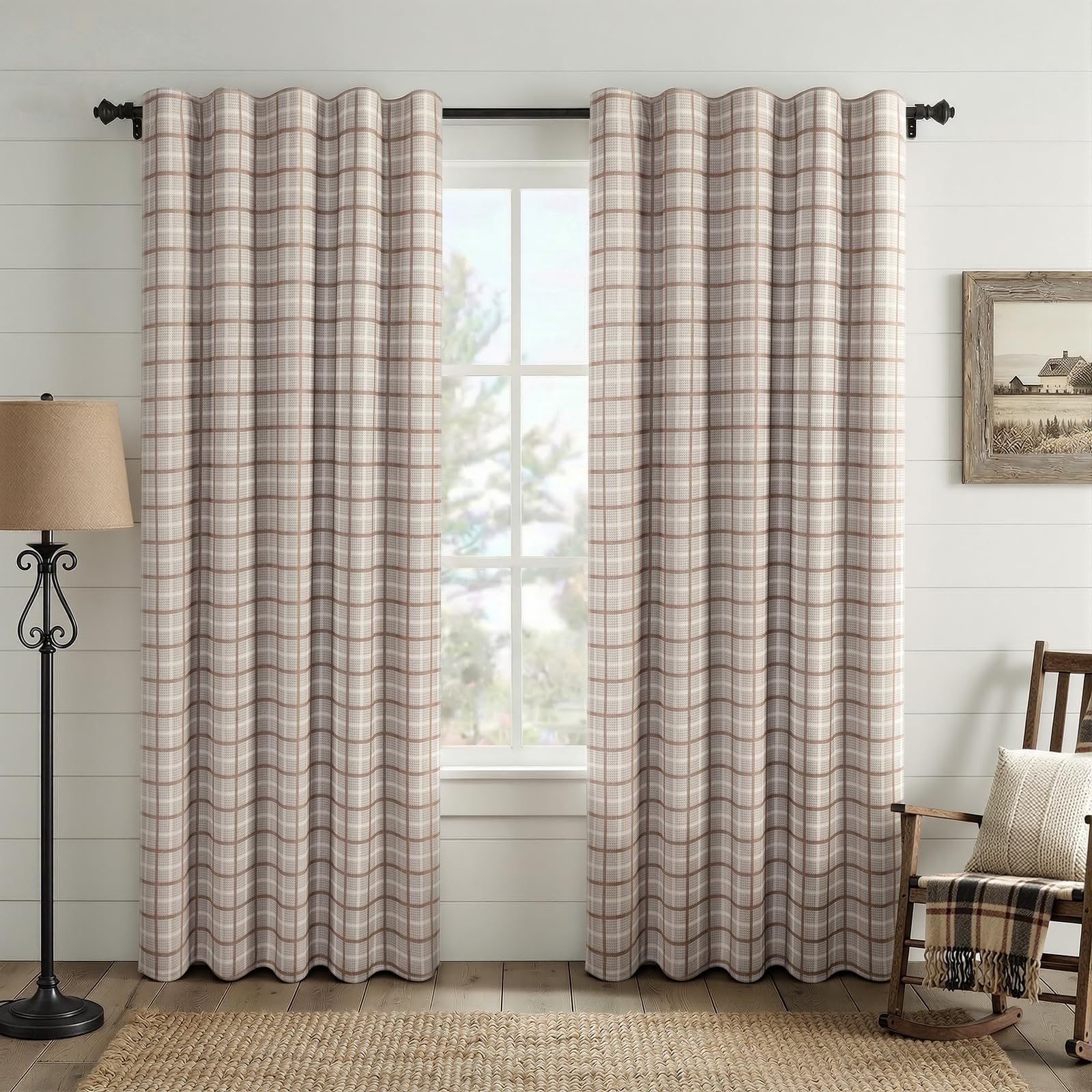 Plaid Curtains Blackout 84 Inches Long, Gingham Curtains for Bedroom and Living Room Darkening Patterned Vintage Rustic